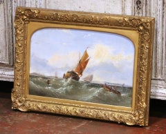 19th Century English Marine Oil Painting of Fishing Vessels in Rough Seas