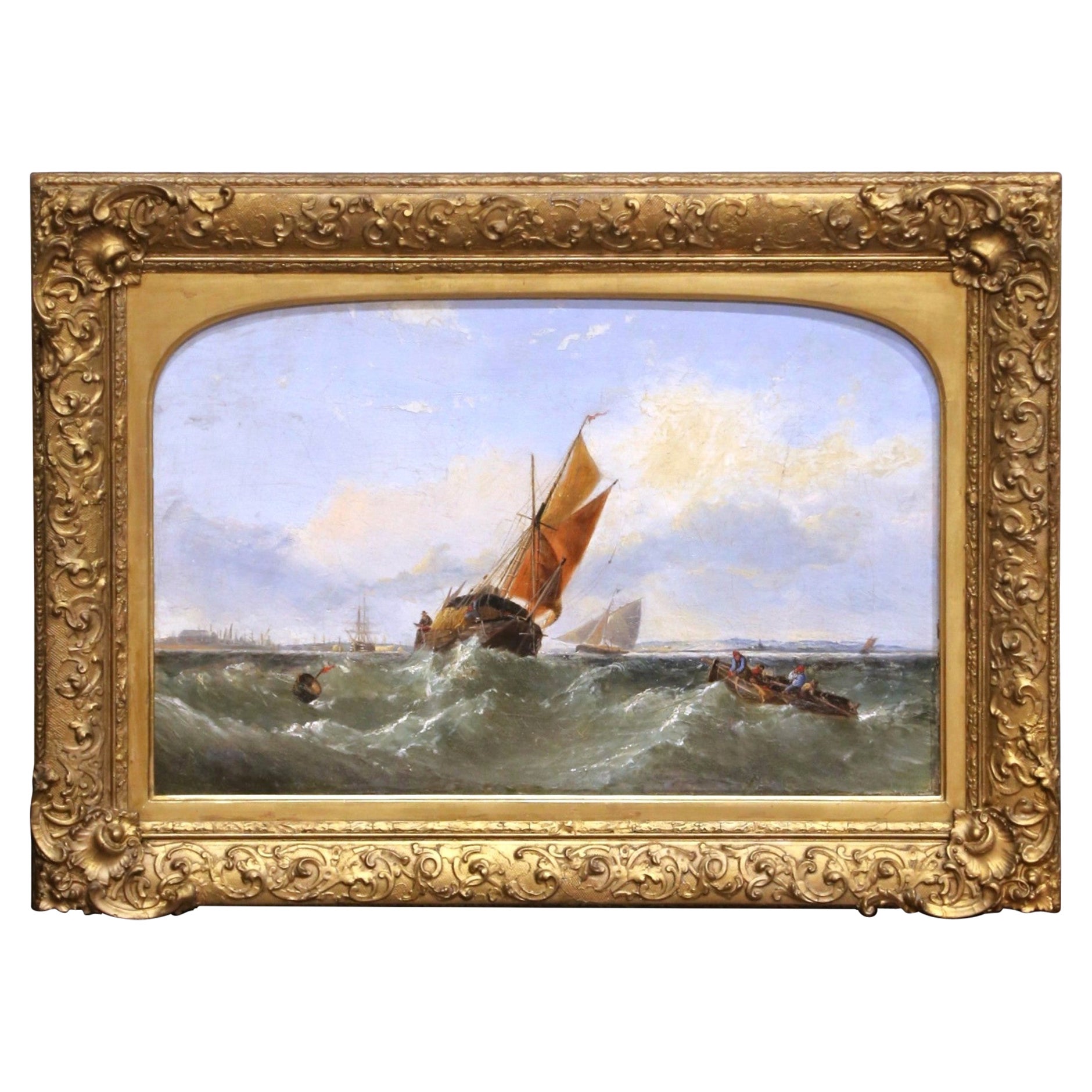 Peinture à l'huile marine anglaise du XIXe siècle représentant des bateaux de pêche en pleine mer agitée en vente