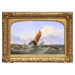 19th Century English Marine Oil Painting of Fishing Vessels in Rough Seas