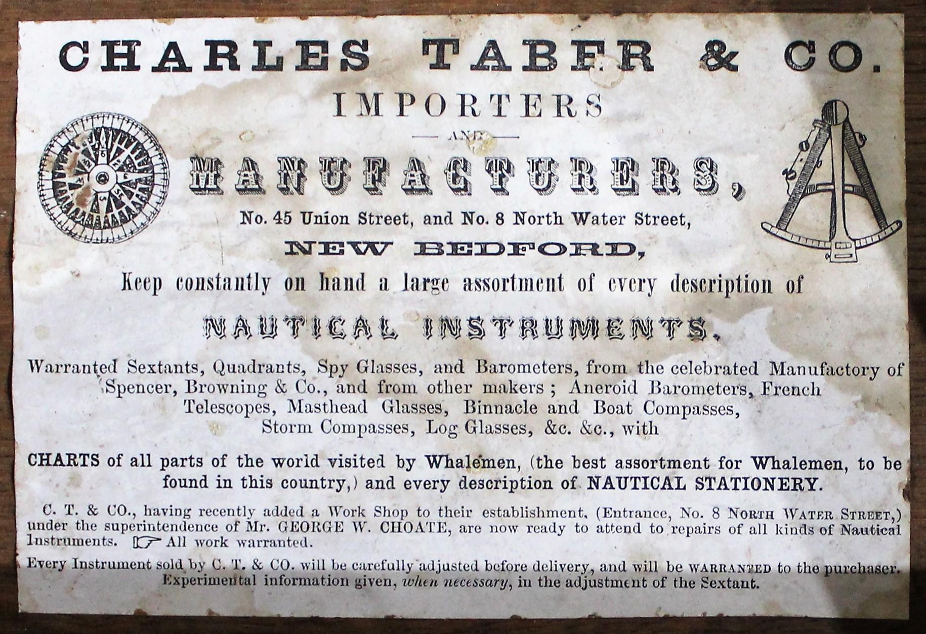 19th century nautical brass sextant with ebony frame and natural inlay. It was made by Spencer Browning & Co. of London. It comes with its original fitted oak case which bears the paper label Charles Taber & Co who was importers of nautical