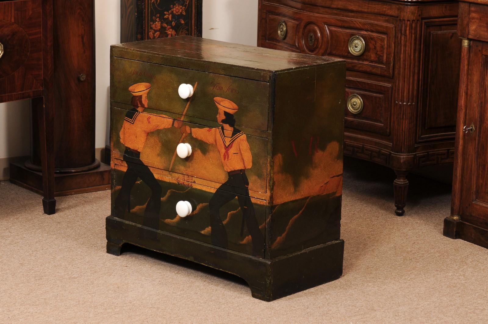 19th Century English Maritime Painted Chest with Sailors & 3 Drawers For Sale 8