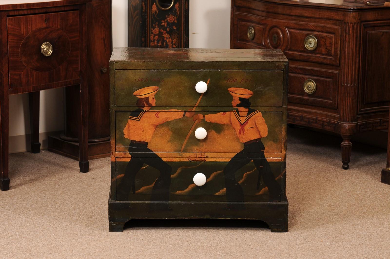 19th Century English Maritime Painted Chest with Sailors & 3 Drawers For Sale 9