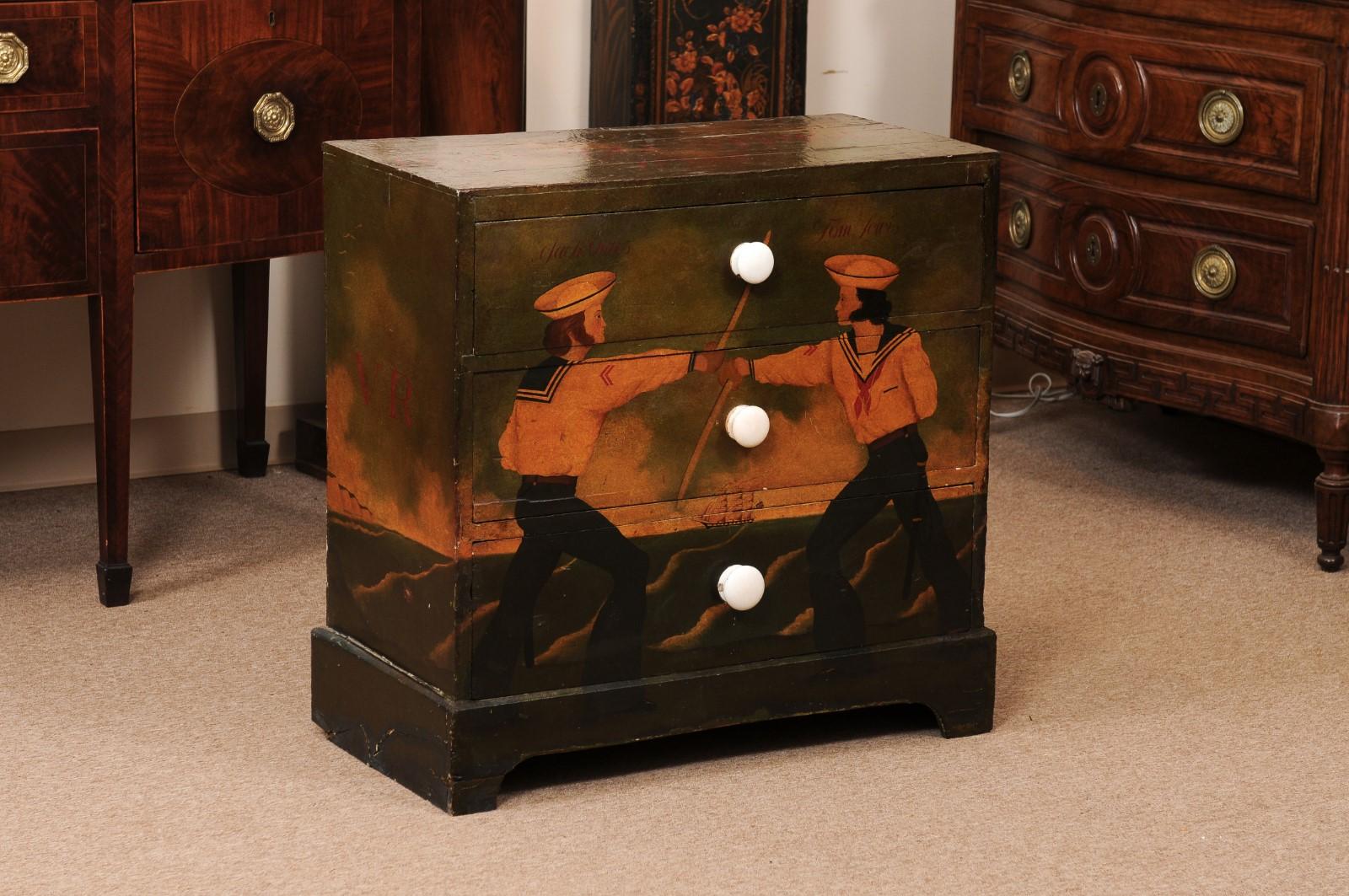 19th Century English Maritime Painted Chest with Sailors & 3 Drawers In Fair Condition For Sale In Atlanta, GA