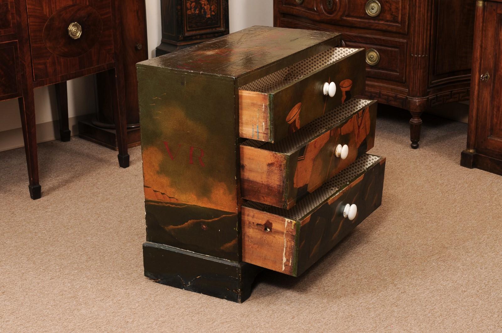 Wood 19th Century English Maritime Painted Chest with Sailors & 3 Drawers For Sale