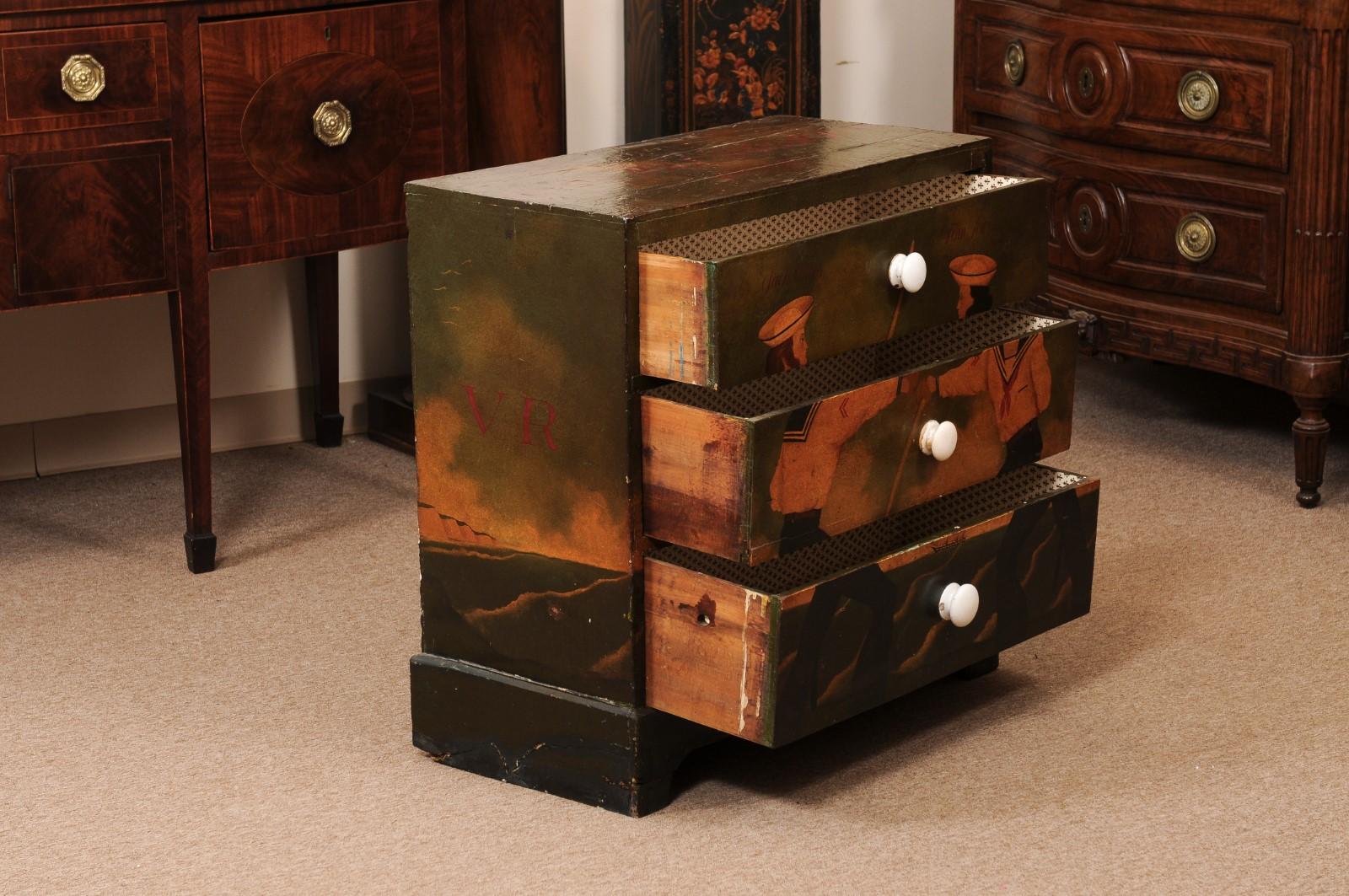 19th Century English Maritime Painted Chest with Sailors & 3 Drawers For Sale 2