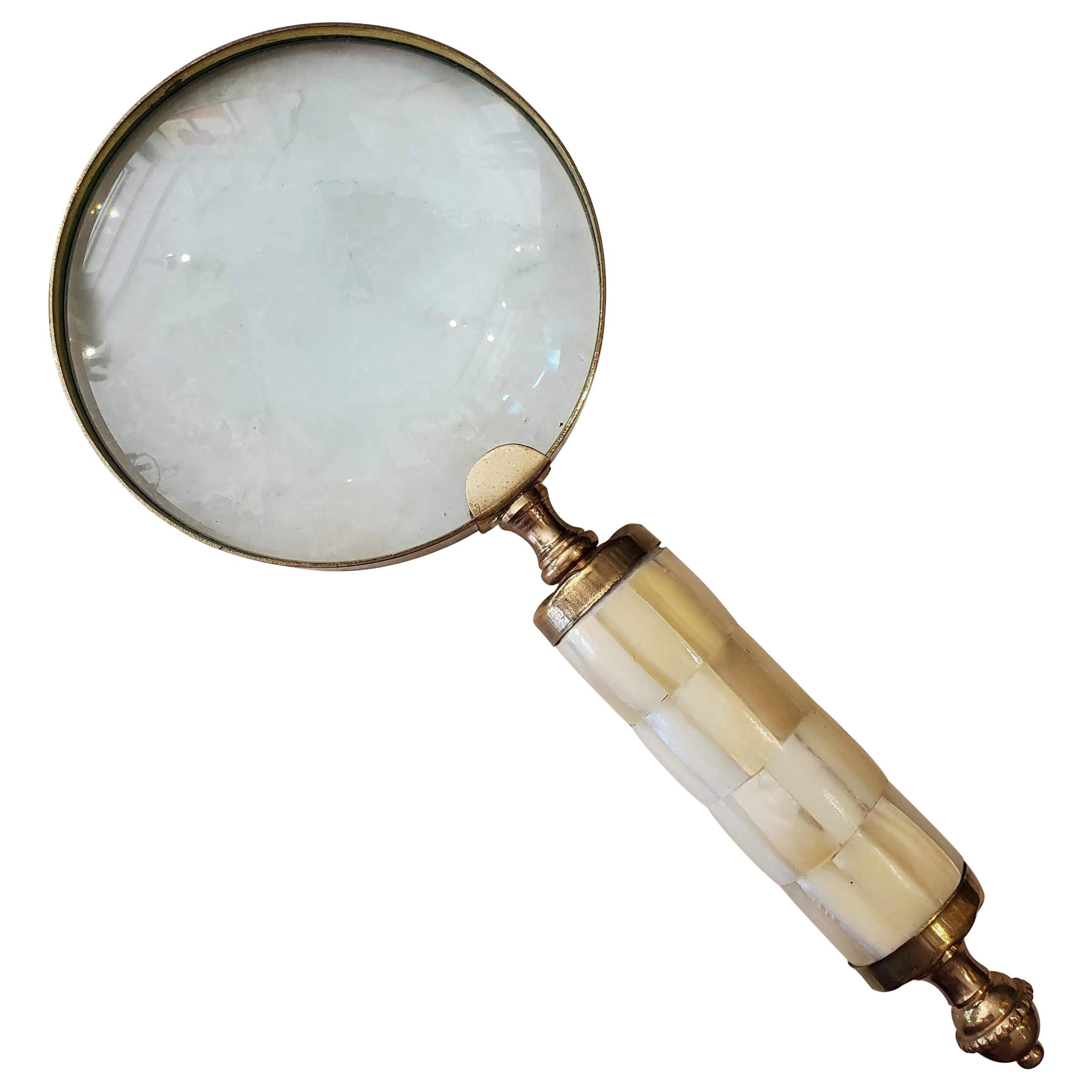 Antique Style Hand Held Brass Magnifier Magnifying Glass Mother of Pearl Handle 