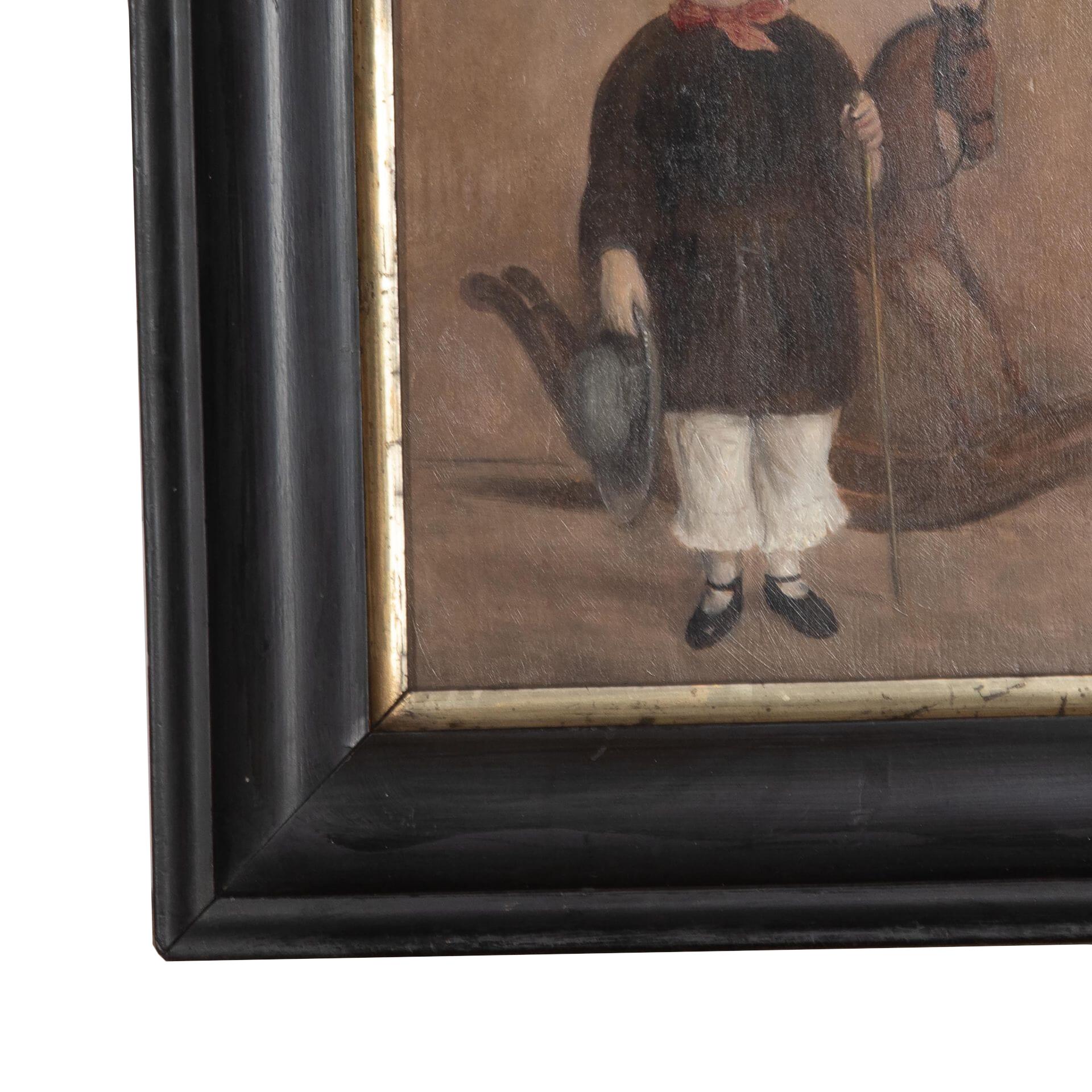19th Century naive painting of a boy with his rocking horse.
Oil on board.