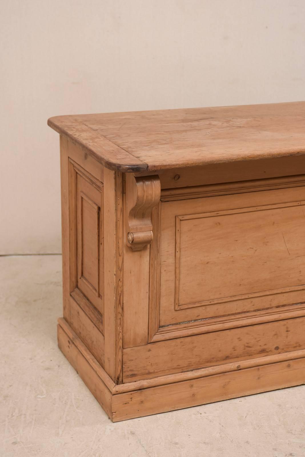 Carved 19th Century English Natural Wood Kitchen Island with Ample Storage