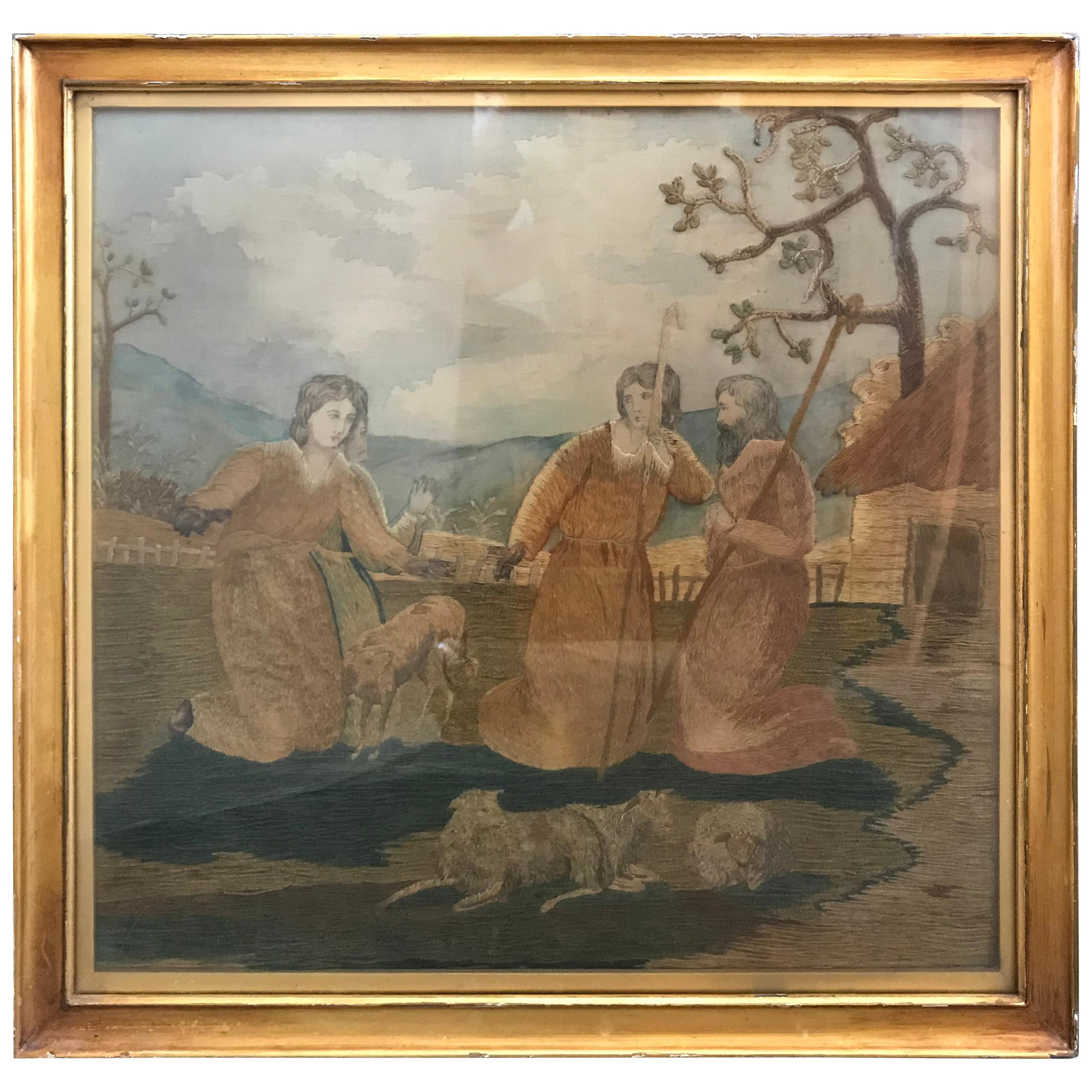 19th Century English Needlepoint Picture of Shepherds For Sale