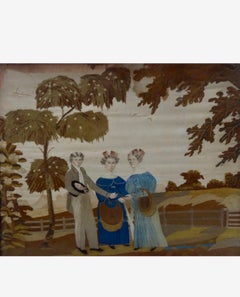 19th Century English Needlework Embroidery on Silk Gilt Wood Frame