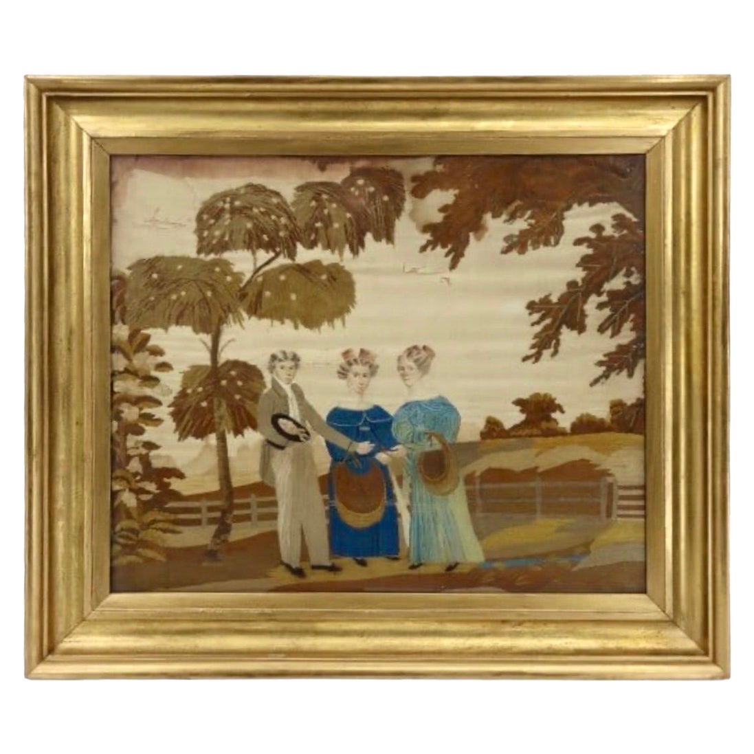 19th Century English Needlework Embroidery on Silk Gilt Wood Frame For Sale