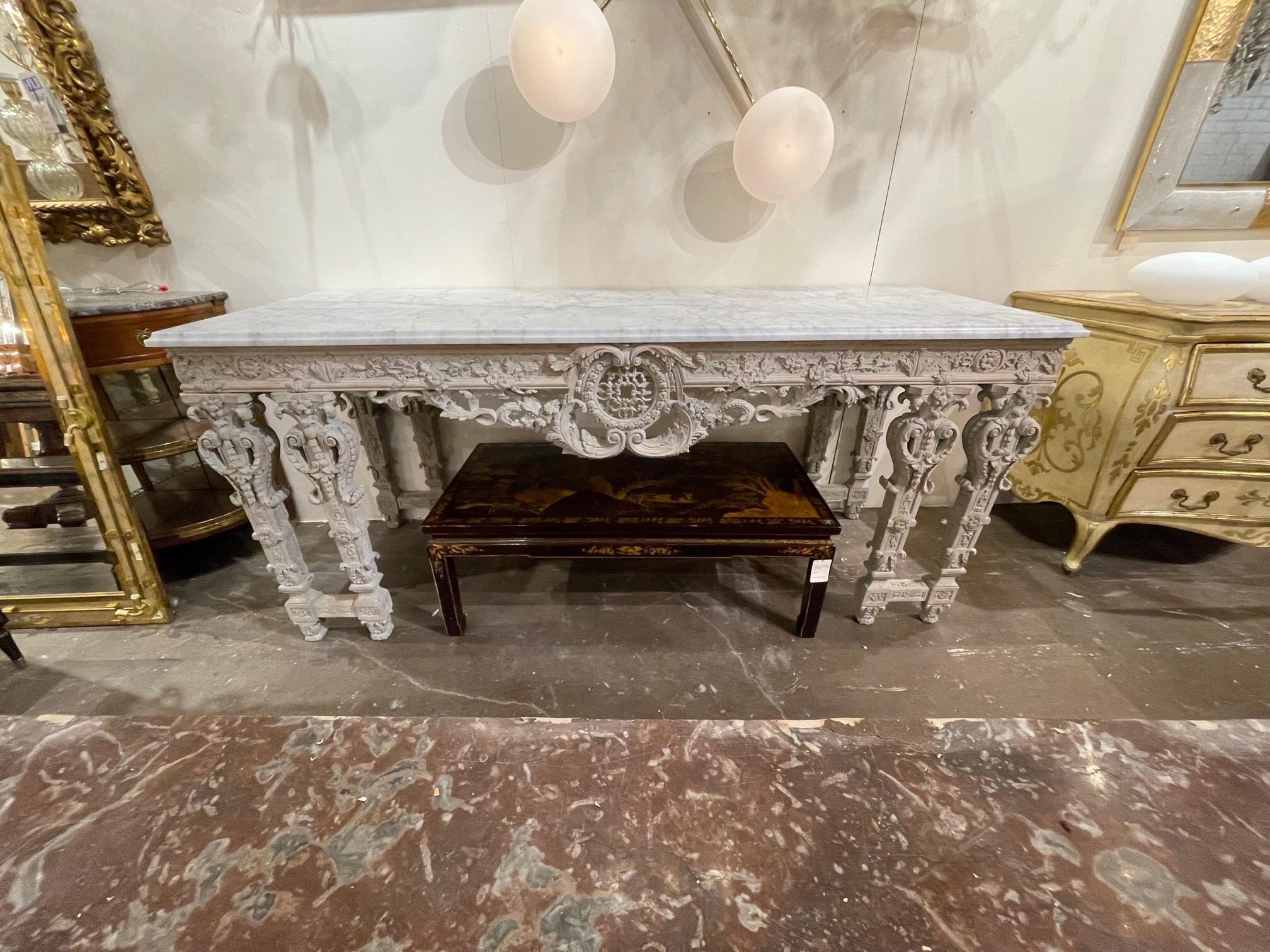 Exceptional 19th century English neo-classical carved and whitewashed Mahogany console. Very fine carvings and a beautiful carrara marble top. A fabulous piece that is sure to impress!!