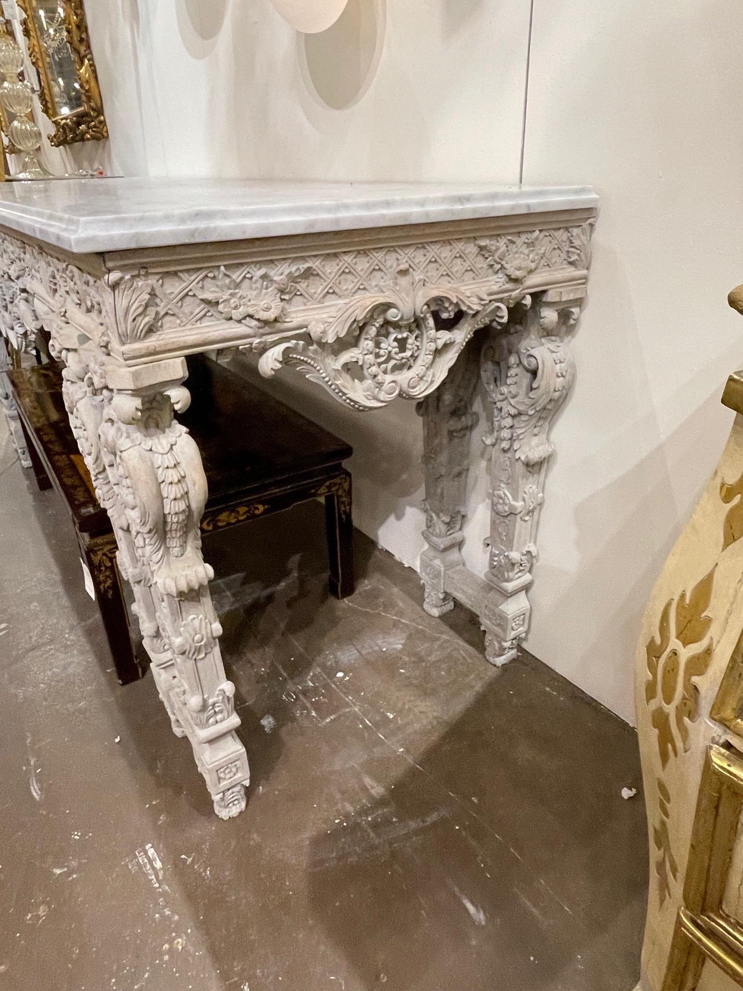 Carrara Marble 19th Century English Neo Classical Carved and Whitewashed Mahogany Console For Sale