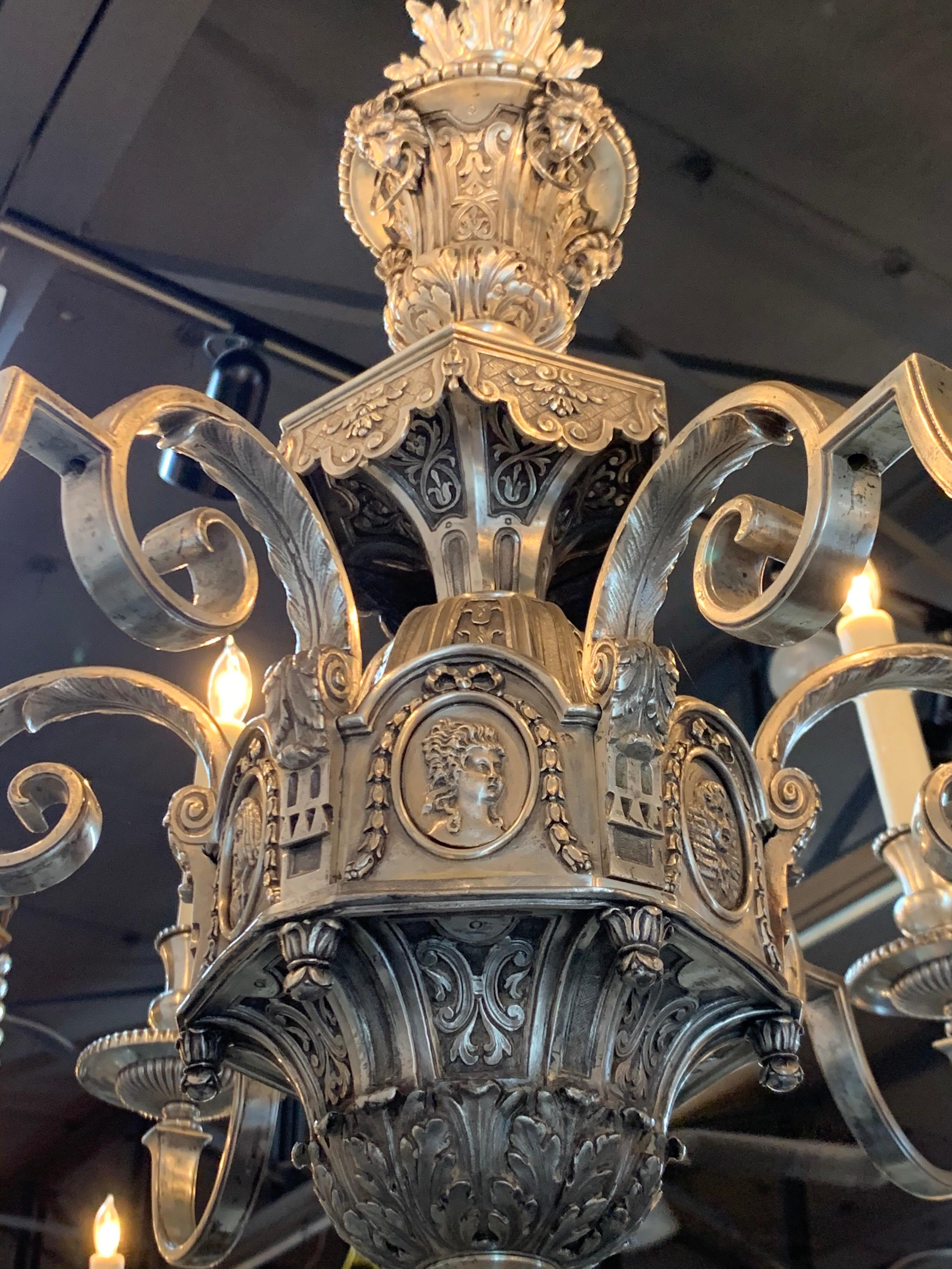 Silvered 19th Century English Neoclassical Silver over Bronze 6 Light Chandelier For Sale