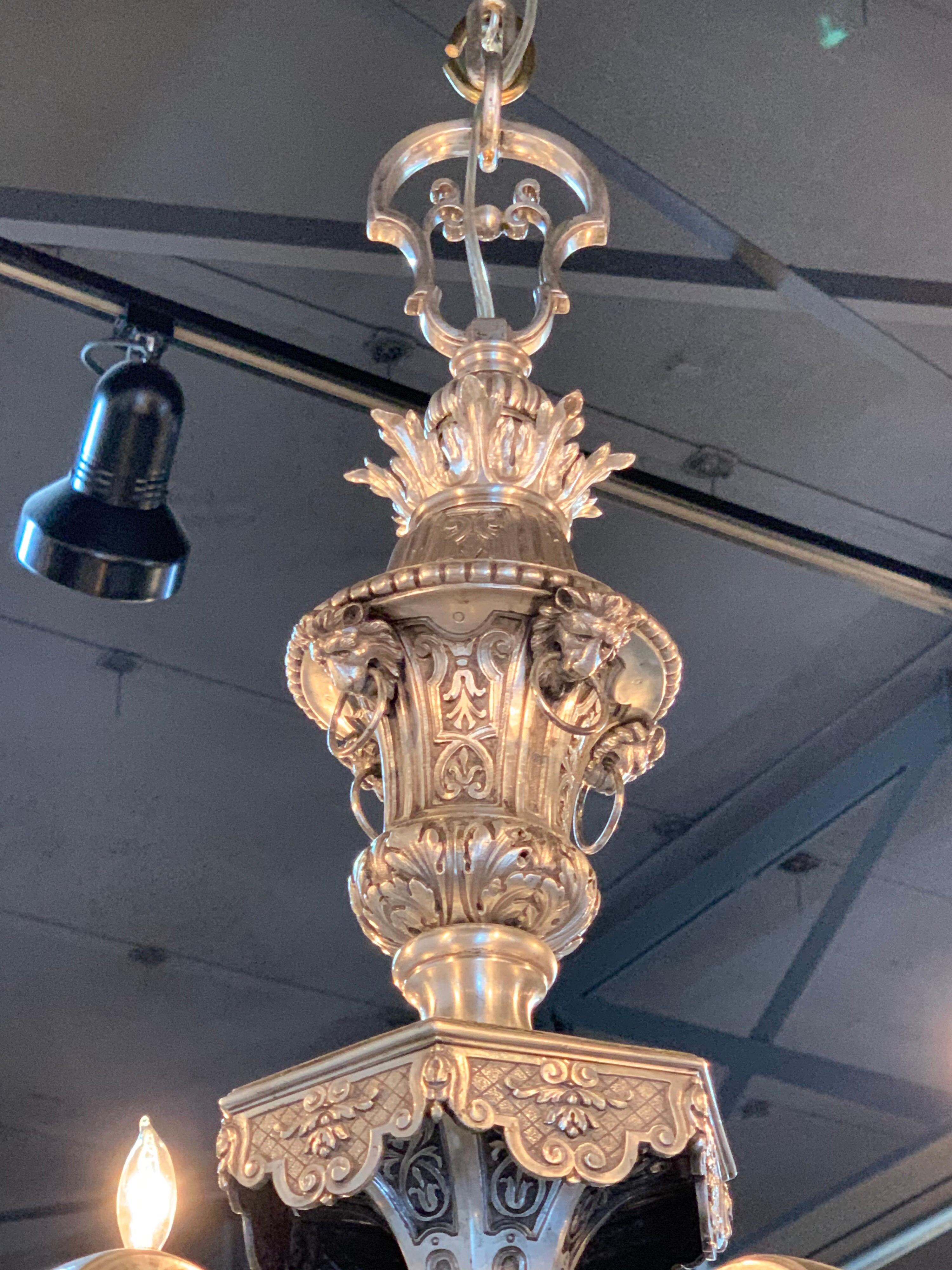 19th Century English Neoclassical Silver over Bronze 6 Light Chandelier In Good Condition For Sale In Dallas, TX