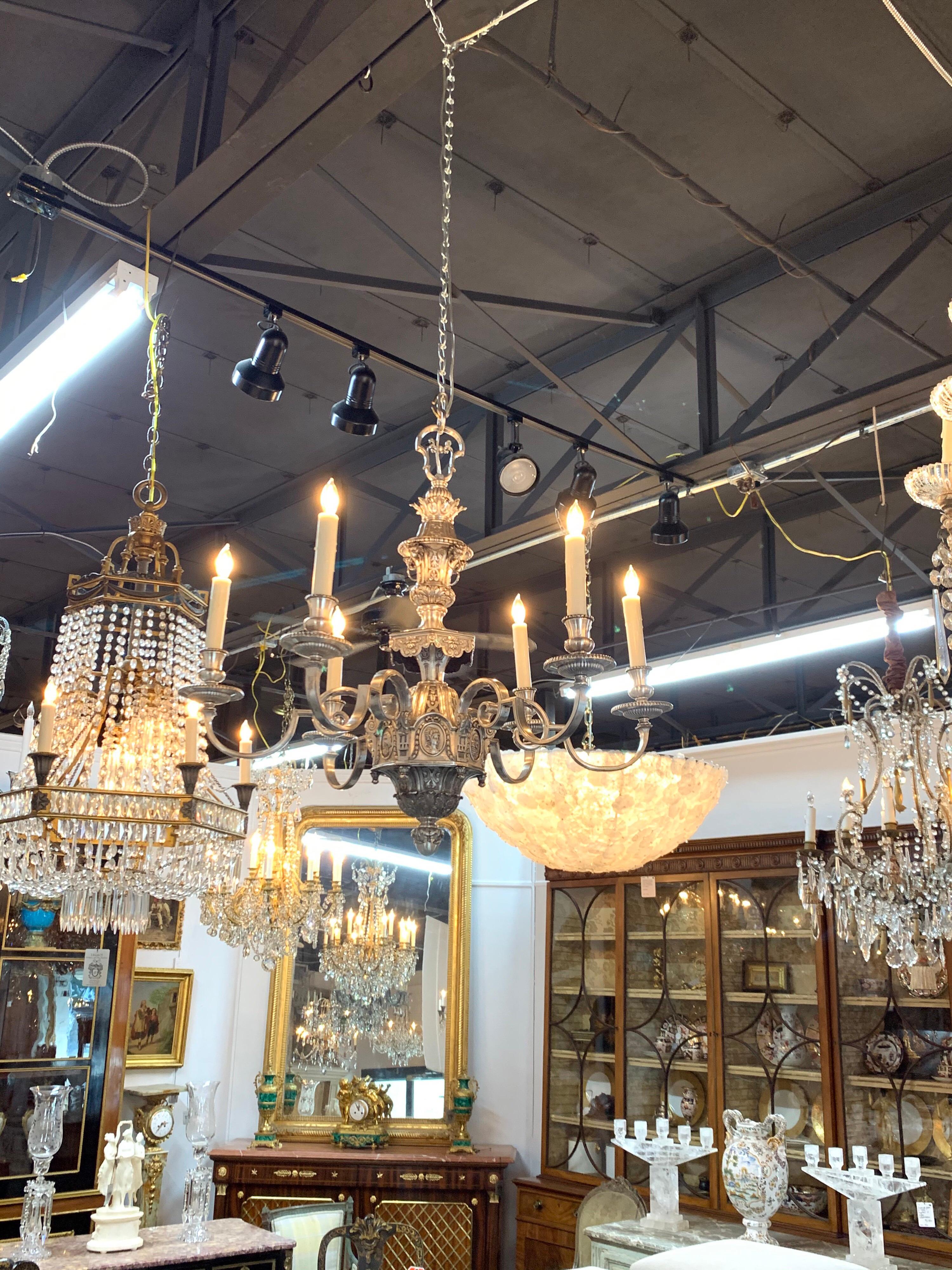 19th Century English Neoclassical Silver over Bronze 6 Light Chandelier For Sale 1