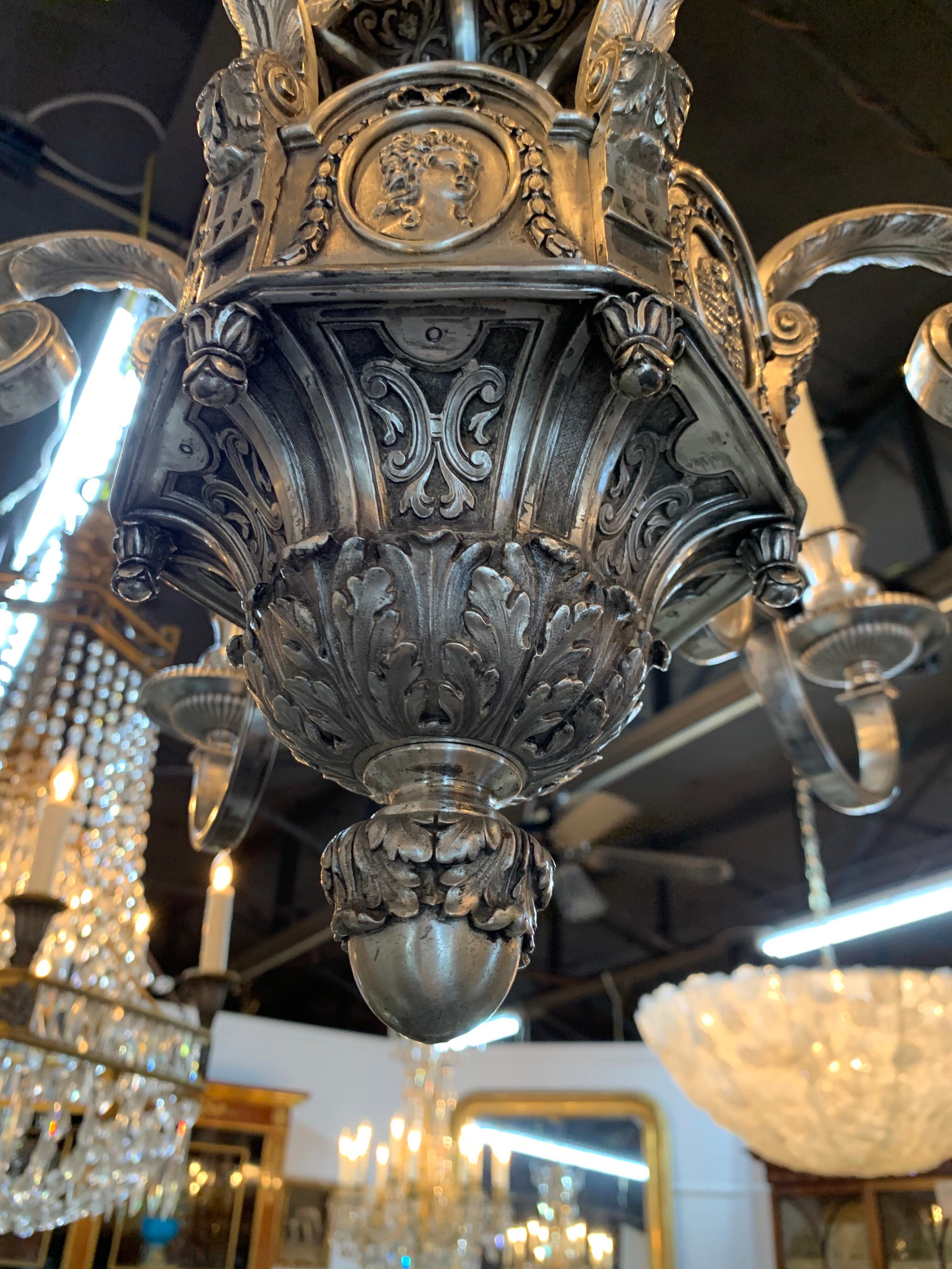 19th Century English Neoclassical Silver over Bronze 6 Light Chandelier For Sale 2