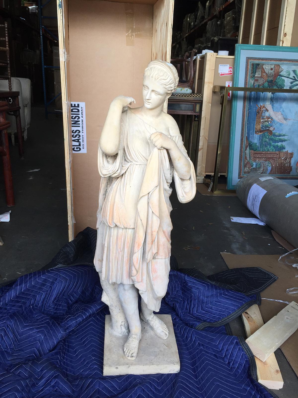 19th century English neoclassical Coade stone type sculpture/statue/figure of a classical draped maiden.