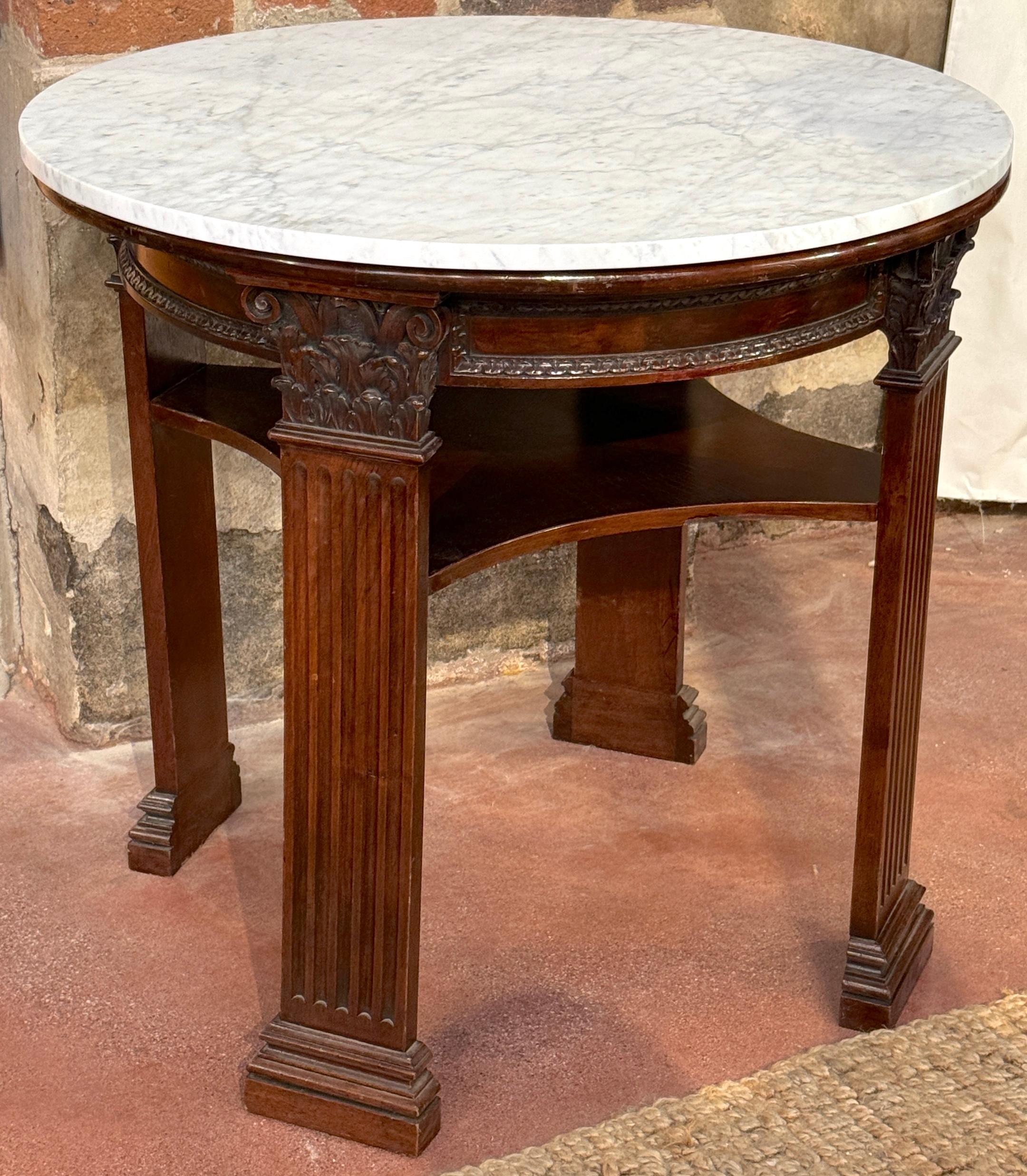 19th Century English Neoclassical Corinthian Column Marble Top Library Table For Sale 1