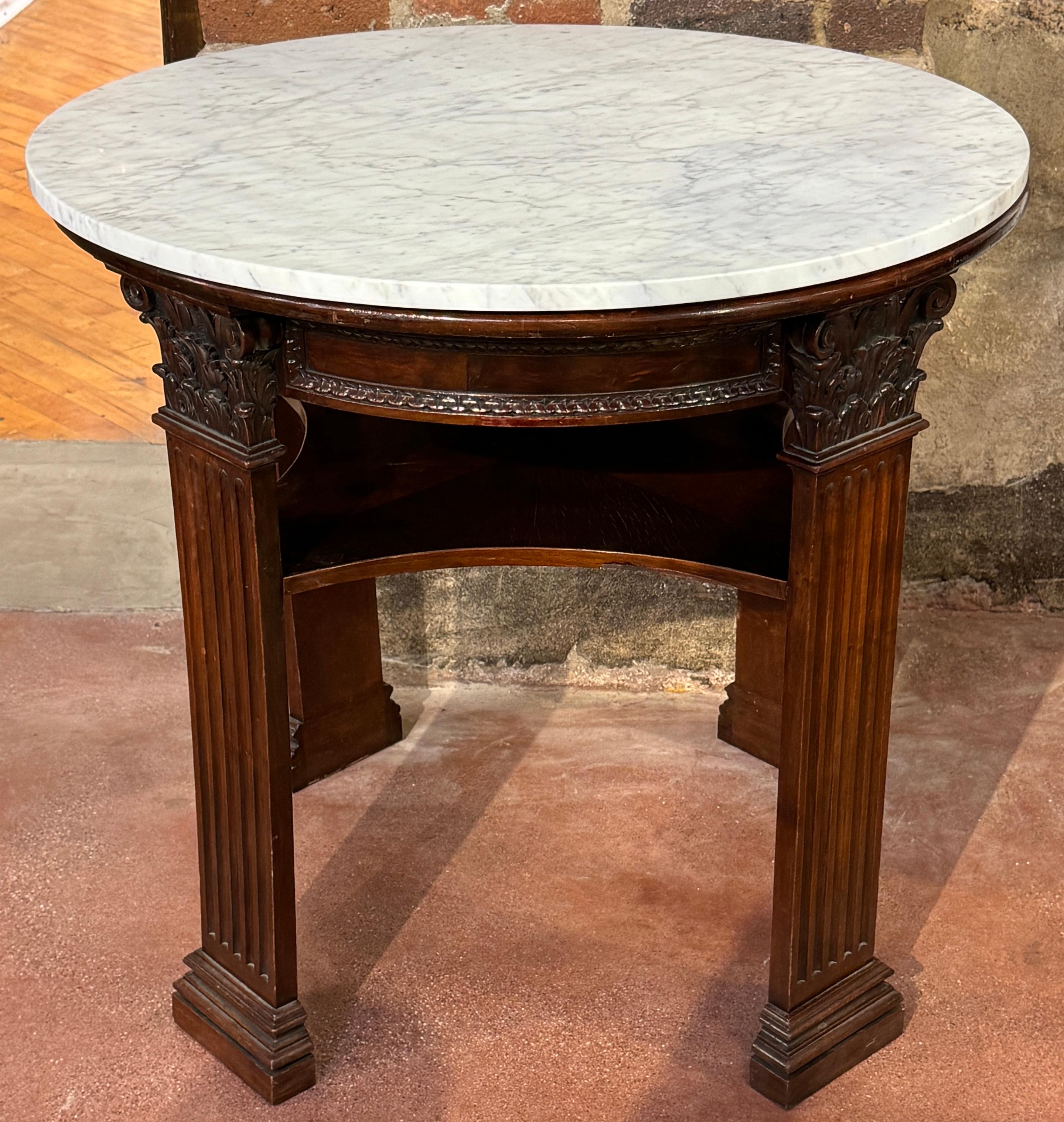 19th Century English Neoclassical Corinthian Column Marble Top Library Table For Sale 2