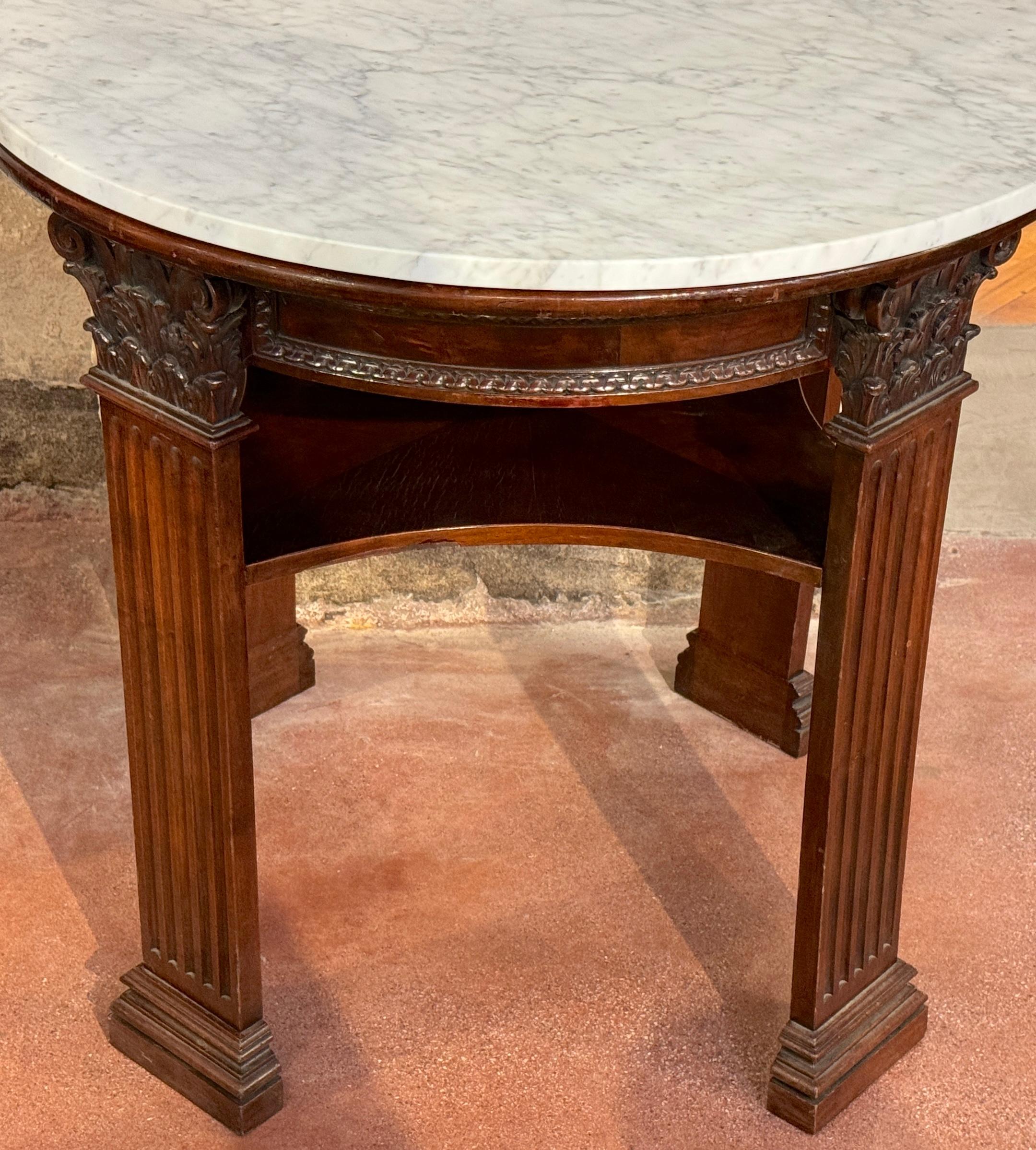 19th Century English Neoclassical Corinthian Column Marble Top Library Table For Sale 4