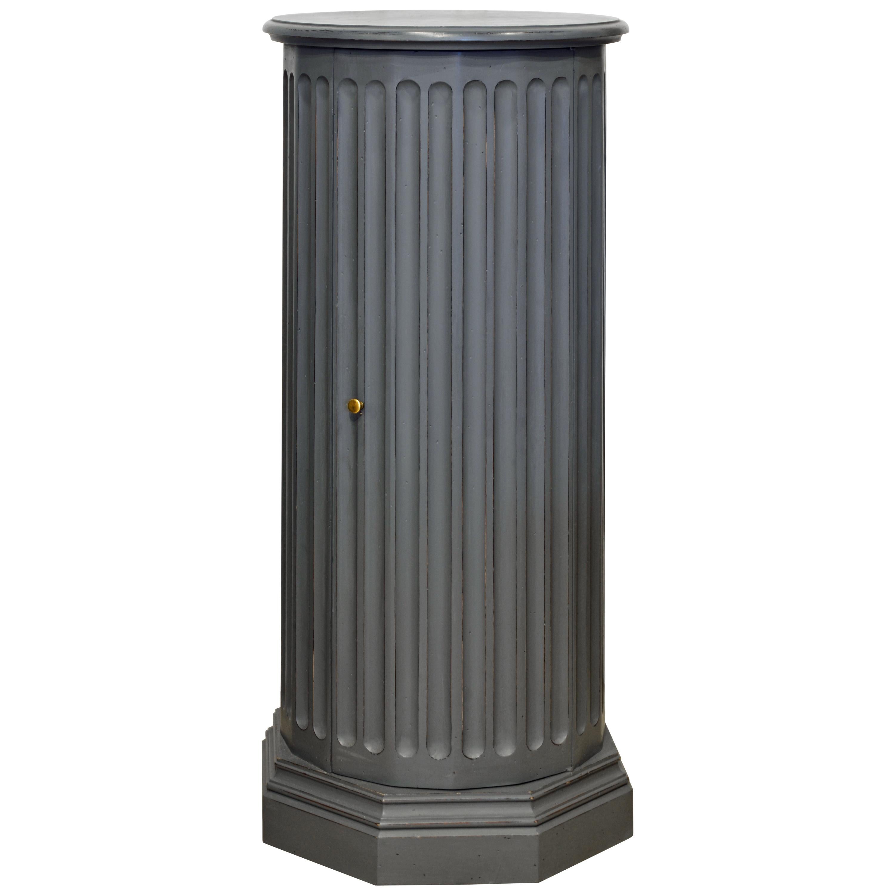 19th Century English Neoclassical Gray Painted Column Pedestal and Cabinet