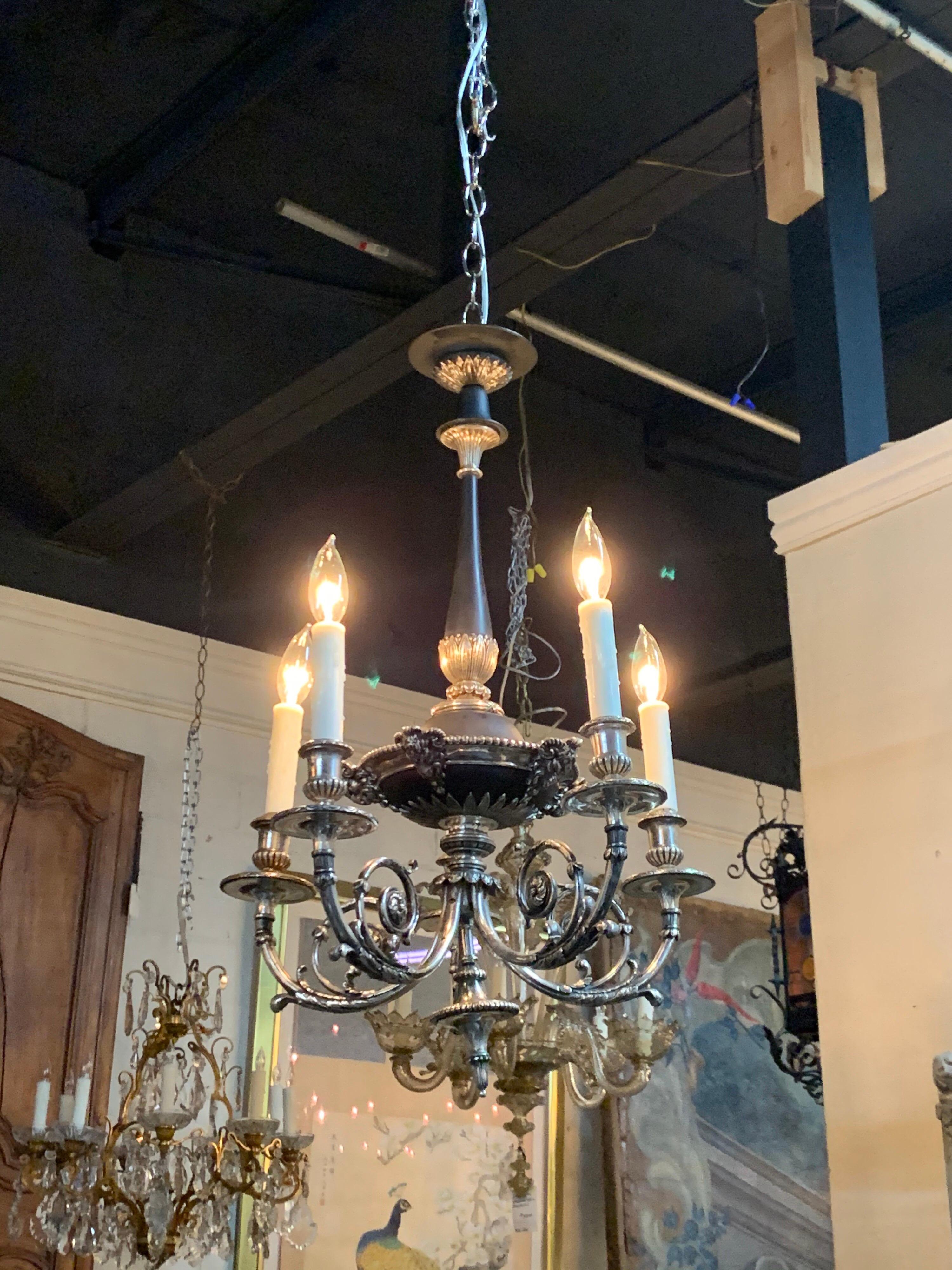 19th Century English Neoclassical Silver over Bronze Tole Chandelier For Sale 2