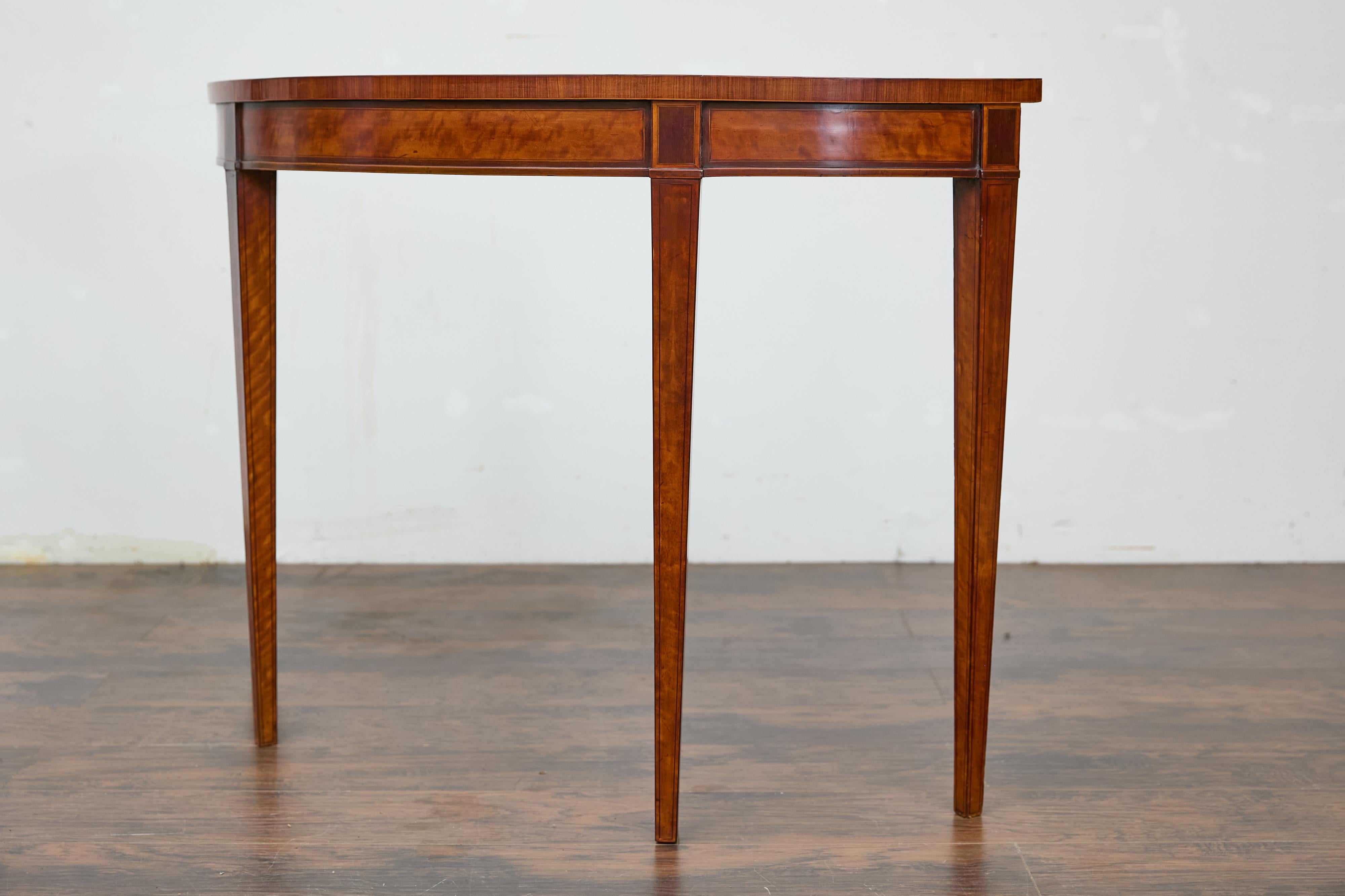 19th Century English Neoclassical Walnut Demi-Lune Table with Tapered Legs For Sale 1
