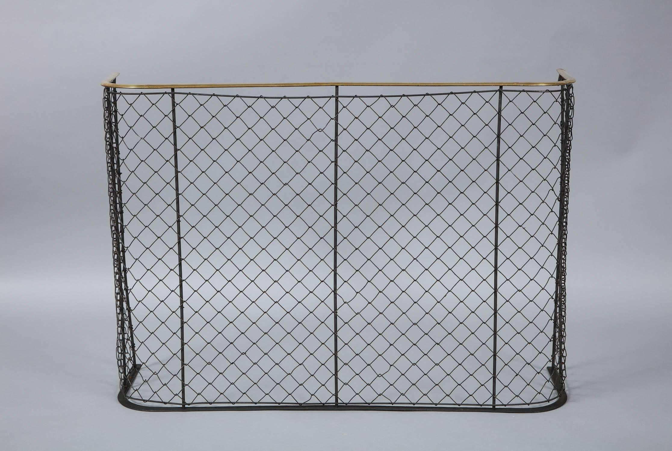WE HAVE TWO LISTED THIS SIZE, BUT ONLY ONE IN PERSON

19th century English brass trimmed wrought iron and wirework nursery guard with wide 