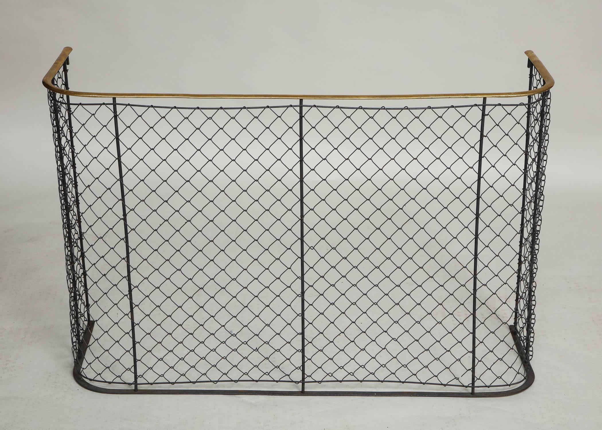 19th century English brass railed wrought iron and wirework nursery guard with wide 