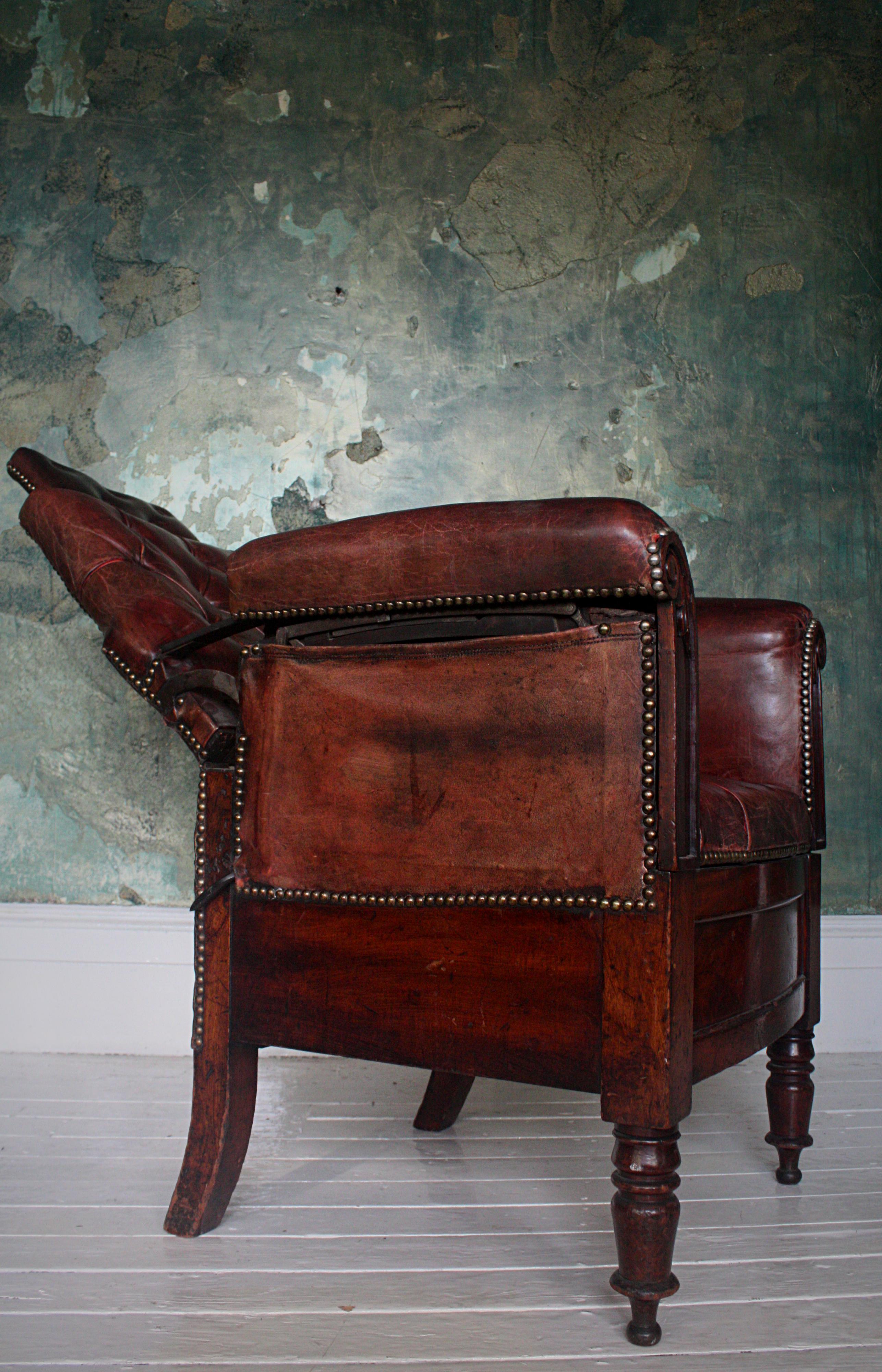 19th Century English Oak Adjustable Maroon Buttoned Leather Barbers Chair 9