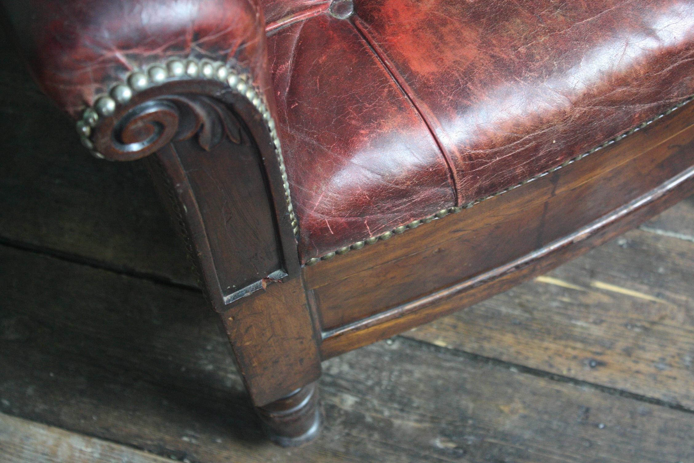 19th Century English Oak Adjustable Maroon Buttoned Leather Barbers Chair 2