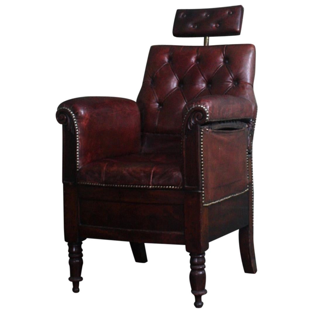 19th Century English Oak Adjustable Maroon Buttoned Leather Barbers Chair
