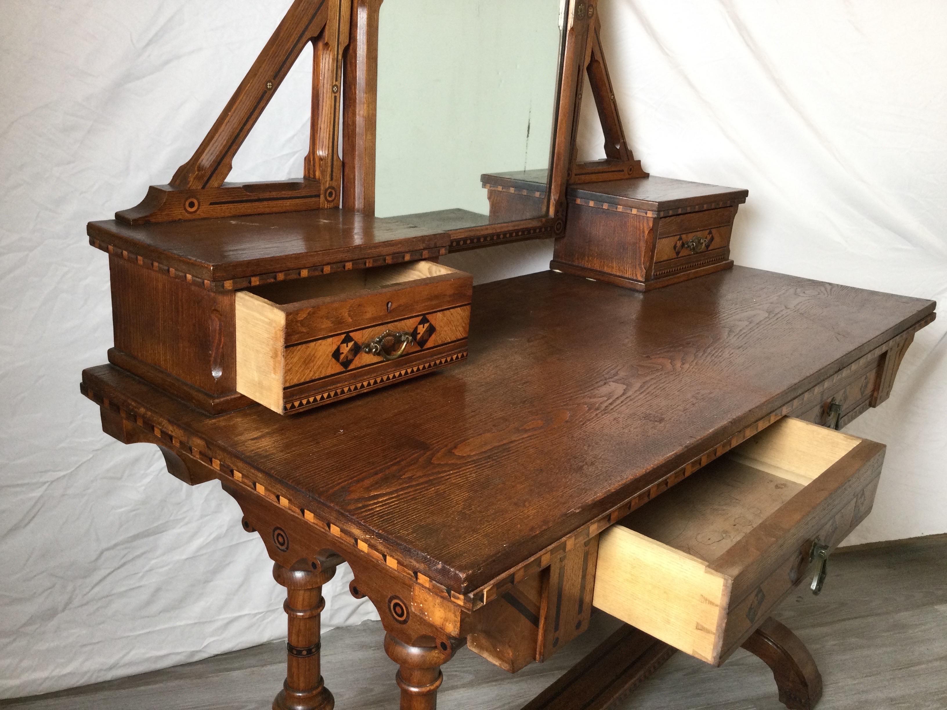 19th Century English Walnut and Oak Aesthetic Movement Dressing Table Vanity For Sale 4