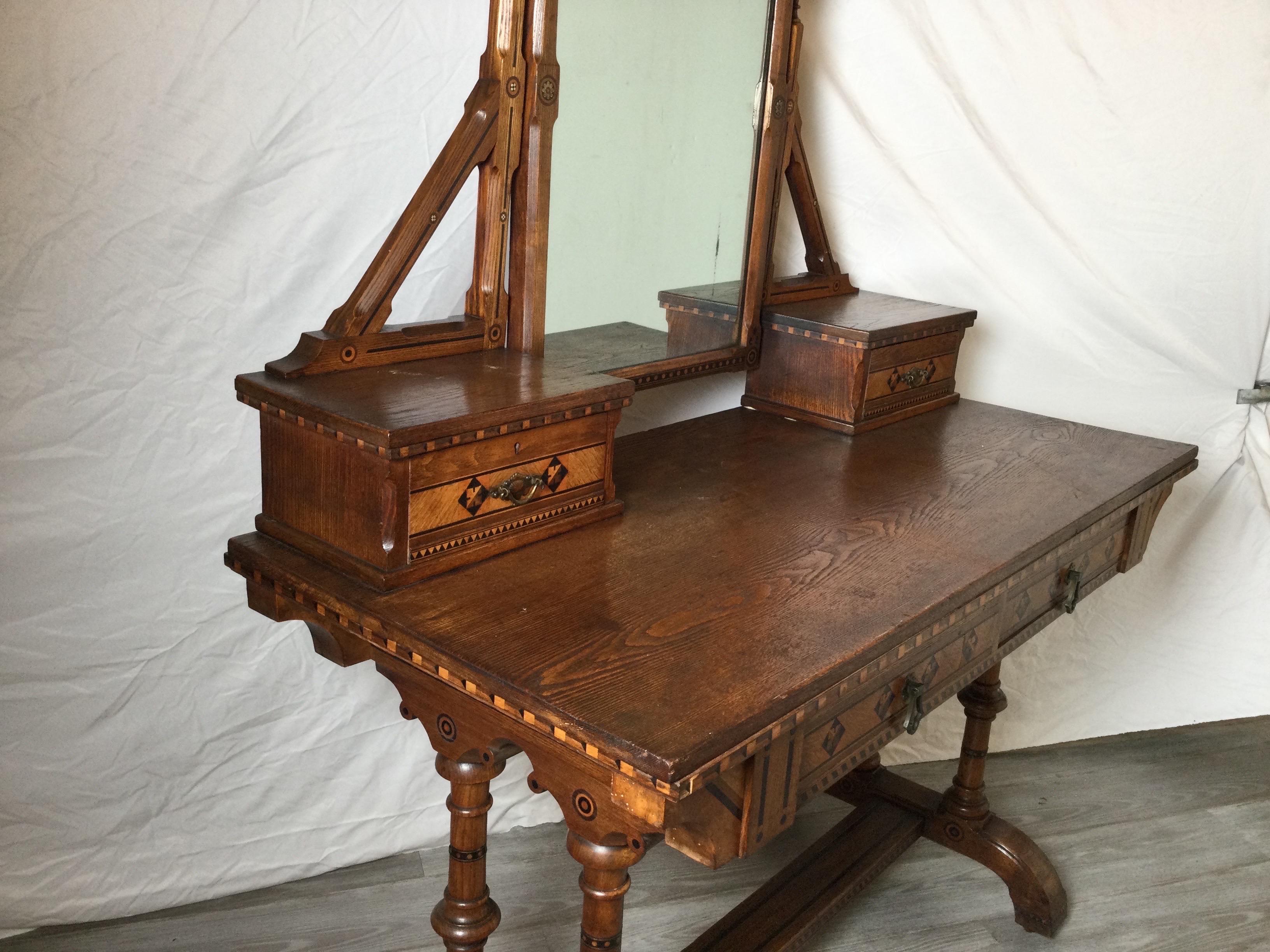 19th Century English Walnut and Oak Aesthetic Movement Dressing Table Vanity For Sale 3