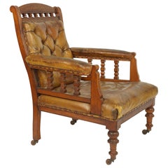 Chaise de bibliothèque anglaise du 19ème siècle en chêne et cuir, belle patine ancienne