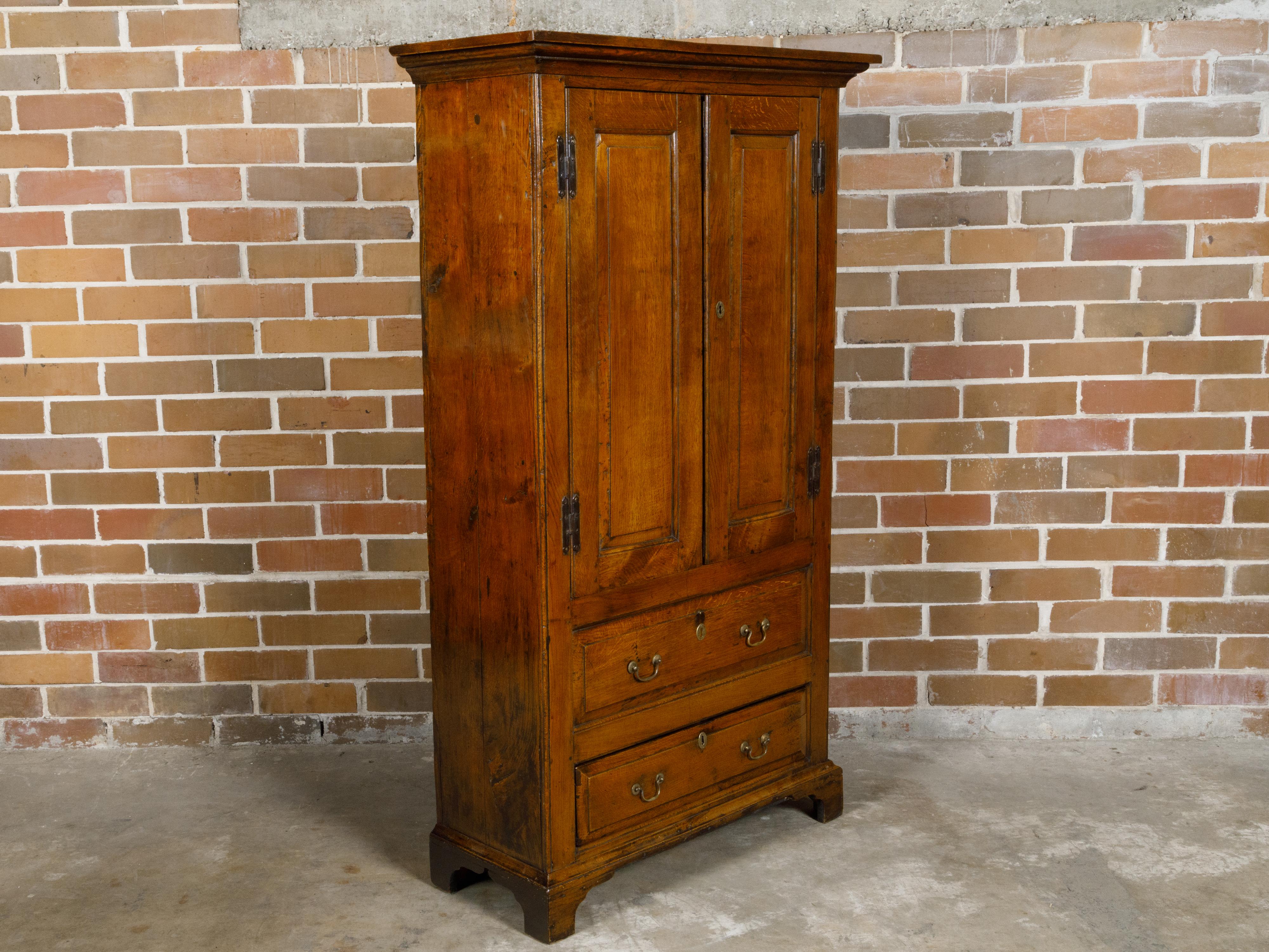 19th Century English Oak Armoire with Carved Doors, Bracket Feet, Brass Hardware For Sale 7