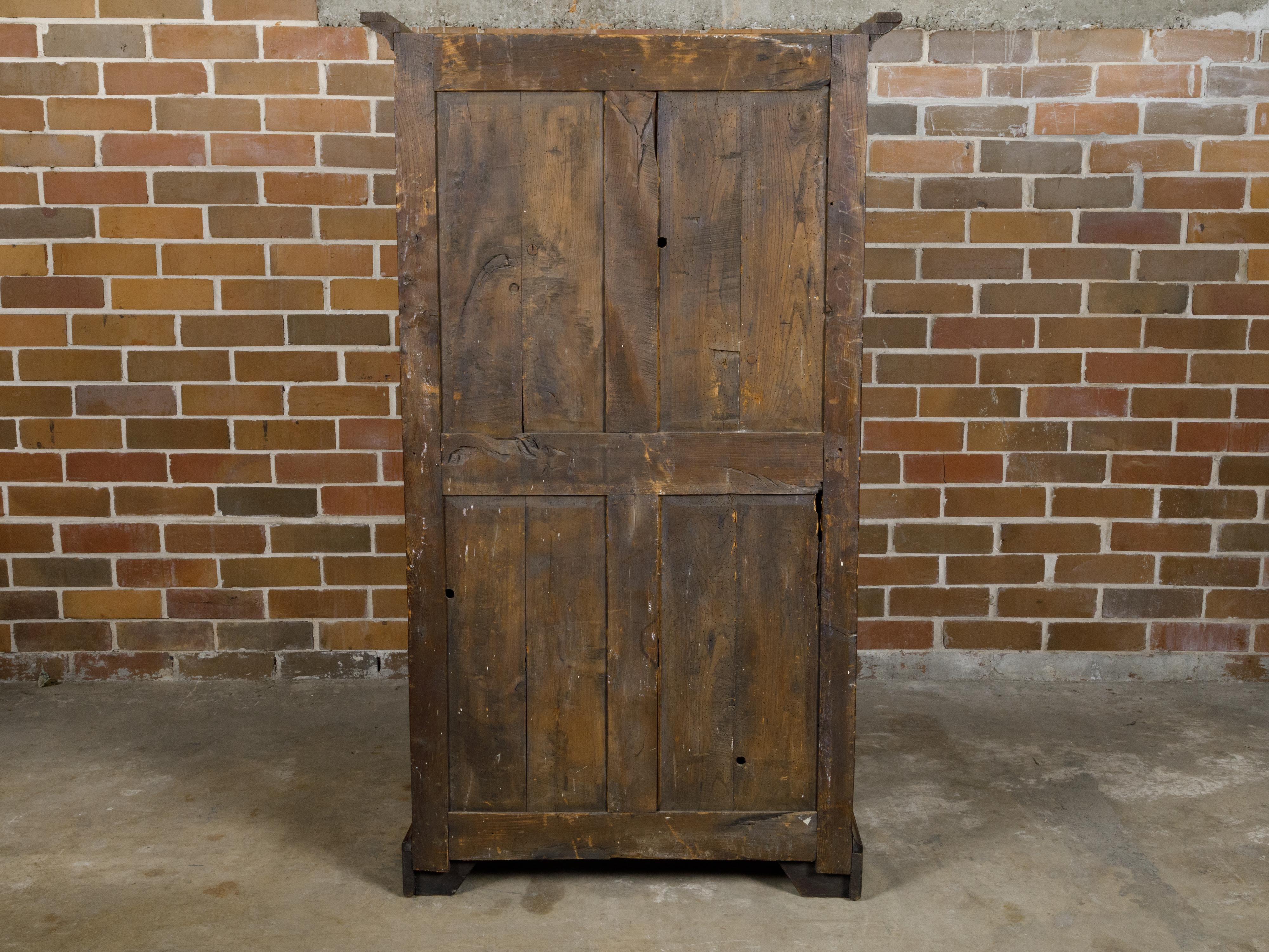 19th Century English Oak Armoire with Carved Doors, Bracket Feet, Brass Hardware For Sale 9
