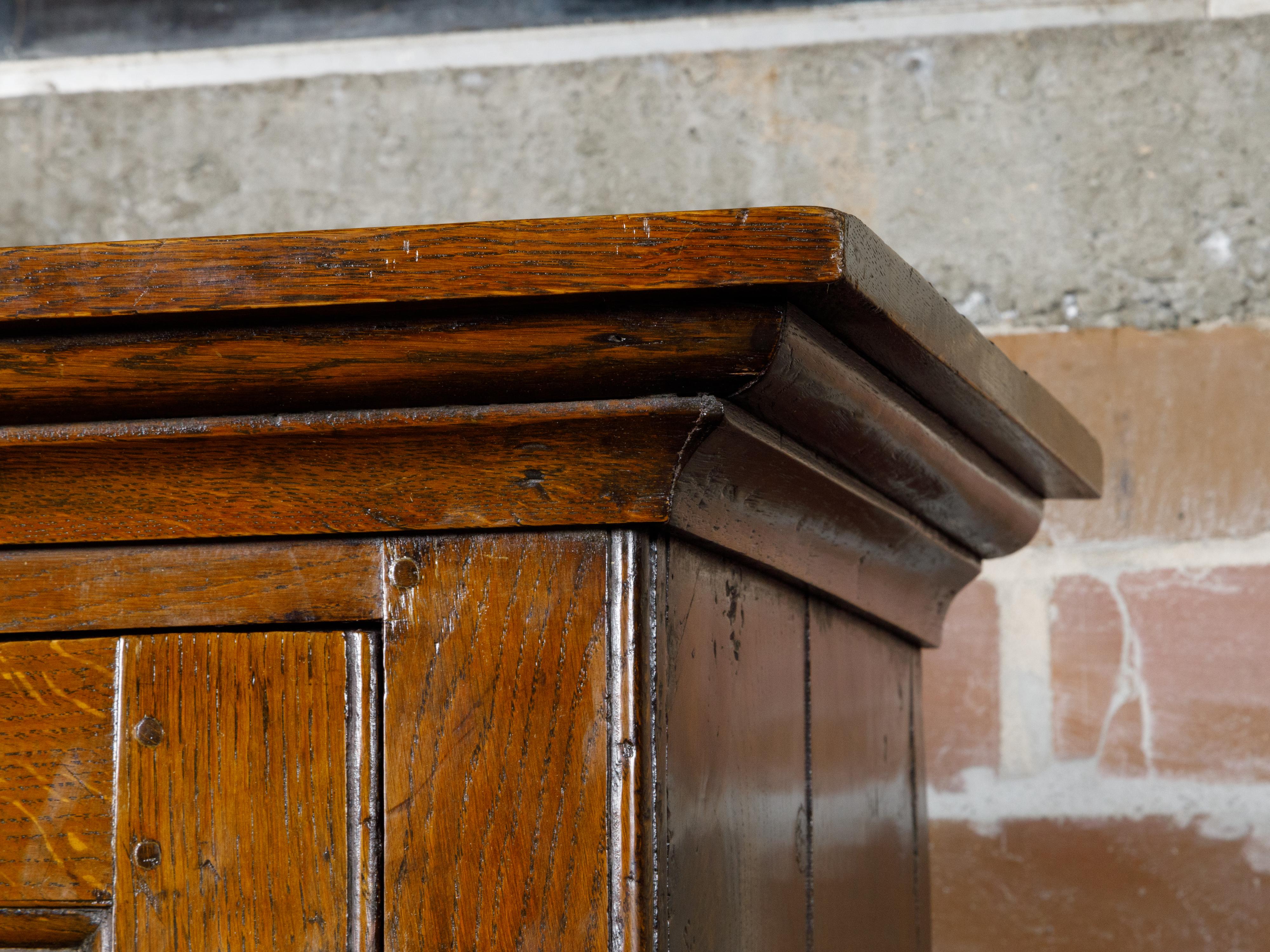 Englischer Eichenholzschrank aus dem 19. Jahrhundert mit geschnitzten Türen, Klammerfüßen und Messingbeschlägen (Geschnitzt) im Angebot