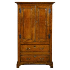 Antique 19th Century English Oak Armoire with Carved Doors, Bracket Feet, Brass Hardware