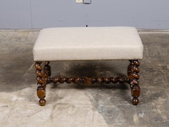 19th Century English Oak Bench with Barley Twist Legs and Linen Upholstery