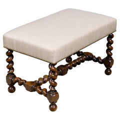 19th Century English Oak Bench with Barley Twist Legs and Linen Upholstery