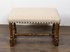 19th Century English Oak Bench with Turned Stretchers and Upholstered Seat