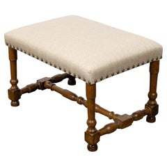 19th Century English Oak Bench with Turned Stretchers and Upholstered Seat