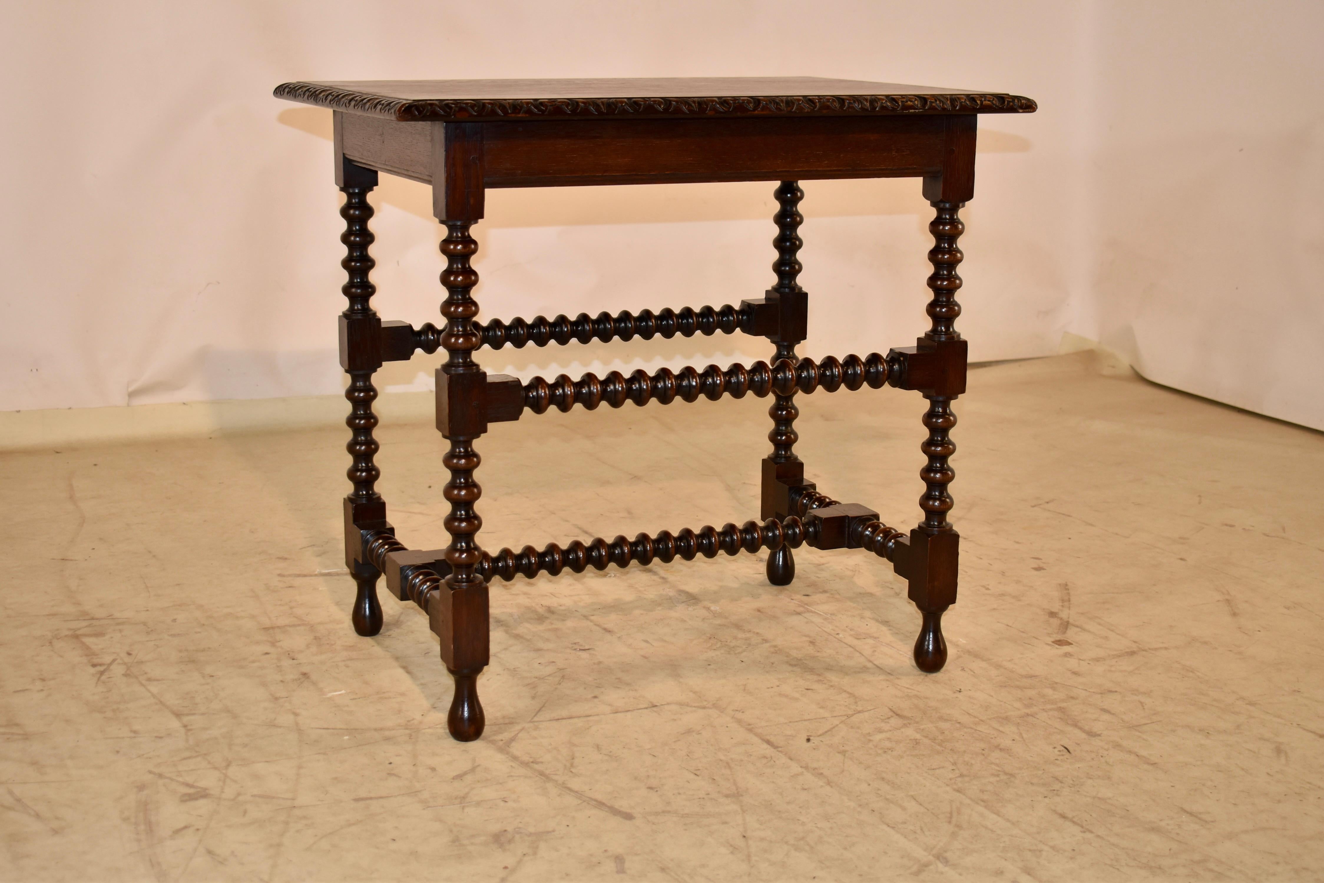 19th century oak side table from England.  The top is made up of three planks, all wth wonderful graining.  The edge around the top are hand carved and beveled as well.  The top follows down to a simple apron and the table is supported on hand