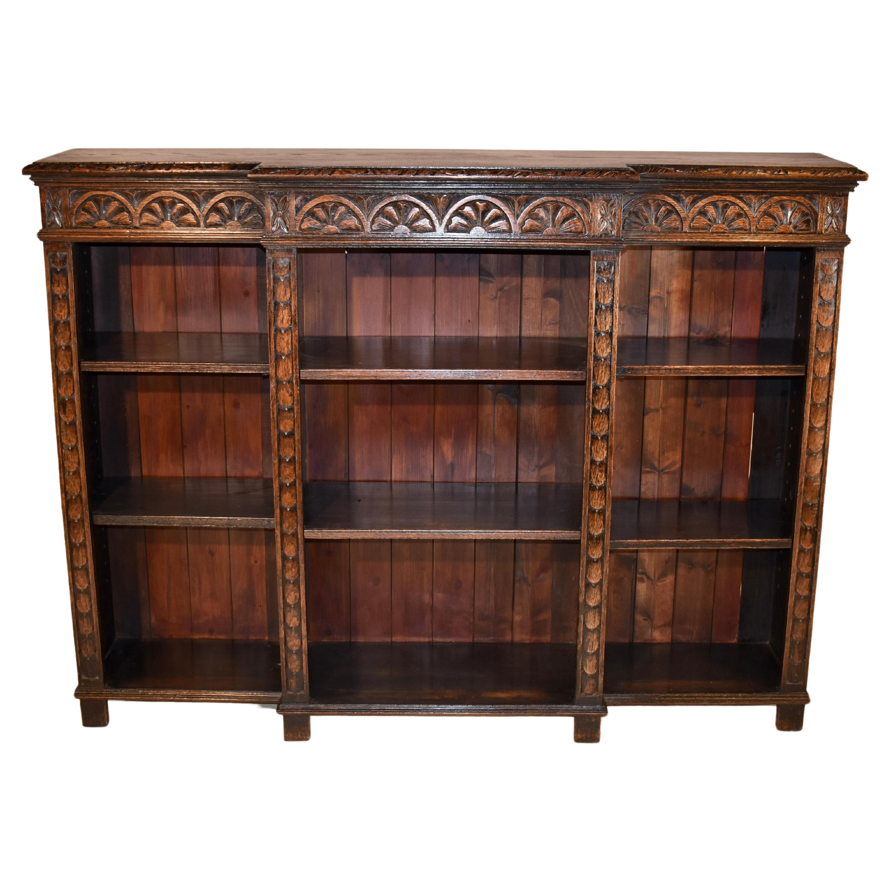 19th Century English Oak Breakfront Bookcase For Sale
