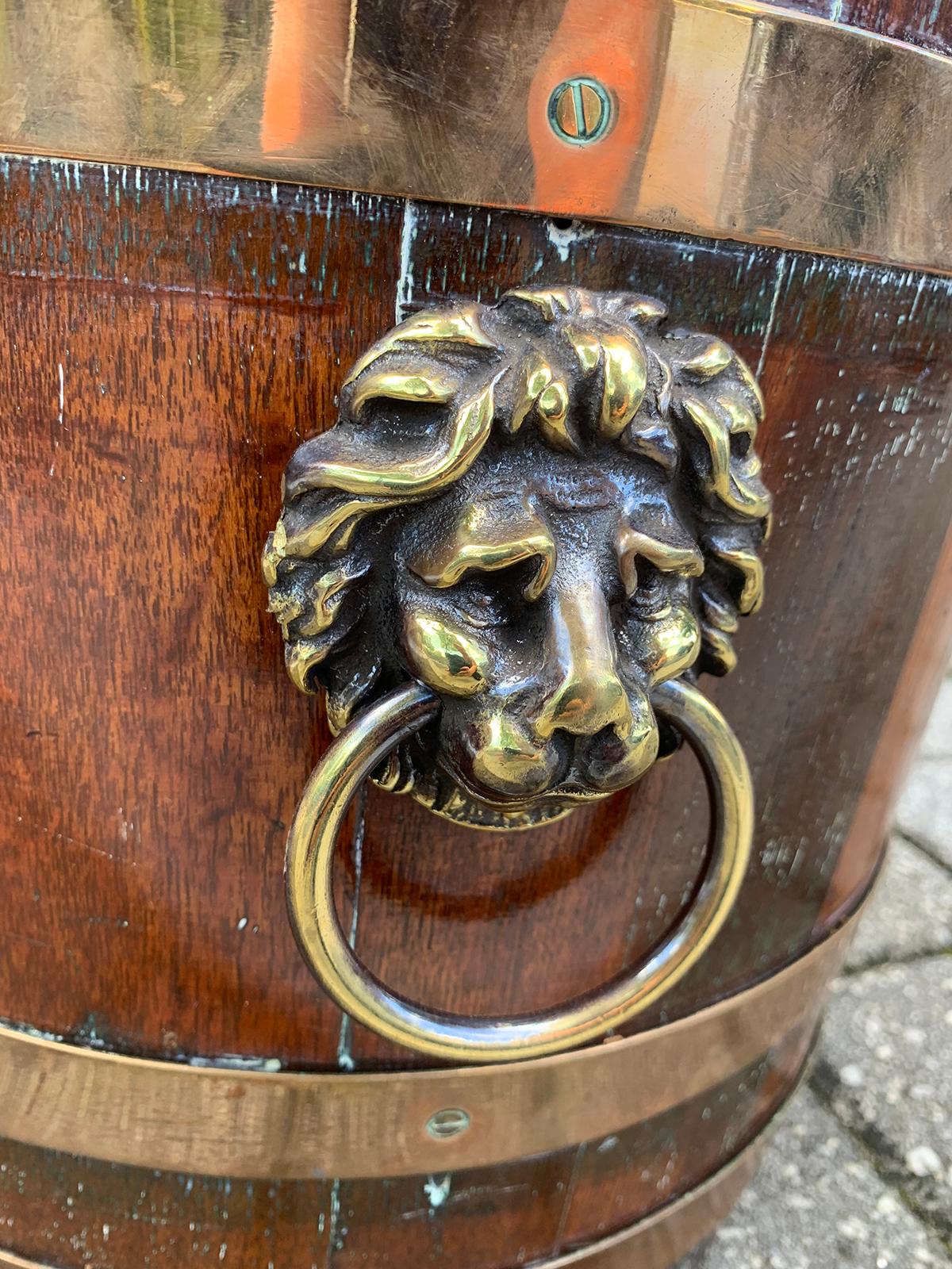 19th Century English Oak Bucket with Brass Lion Pulls, Marked R.A. Lister & Co. 1