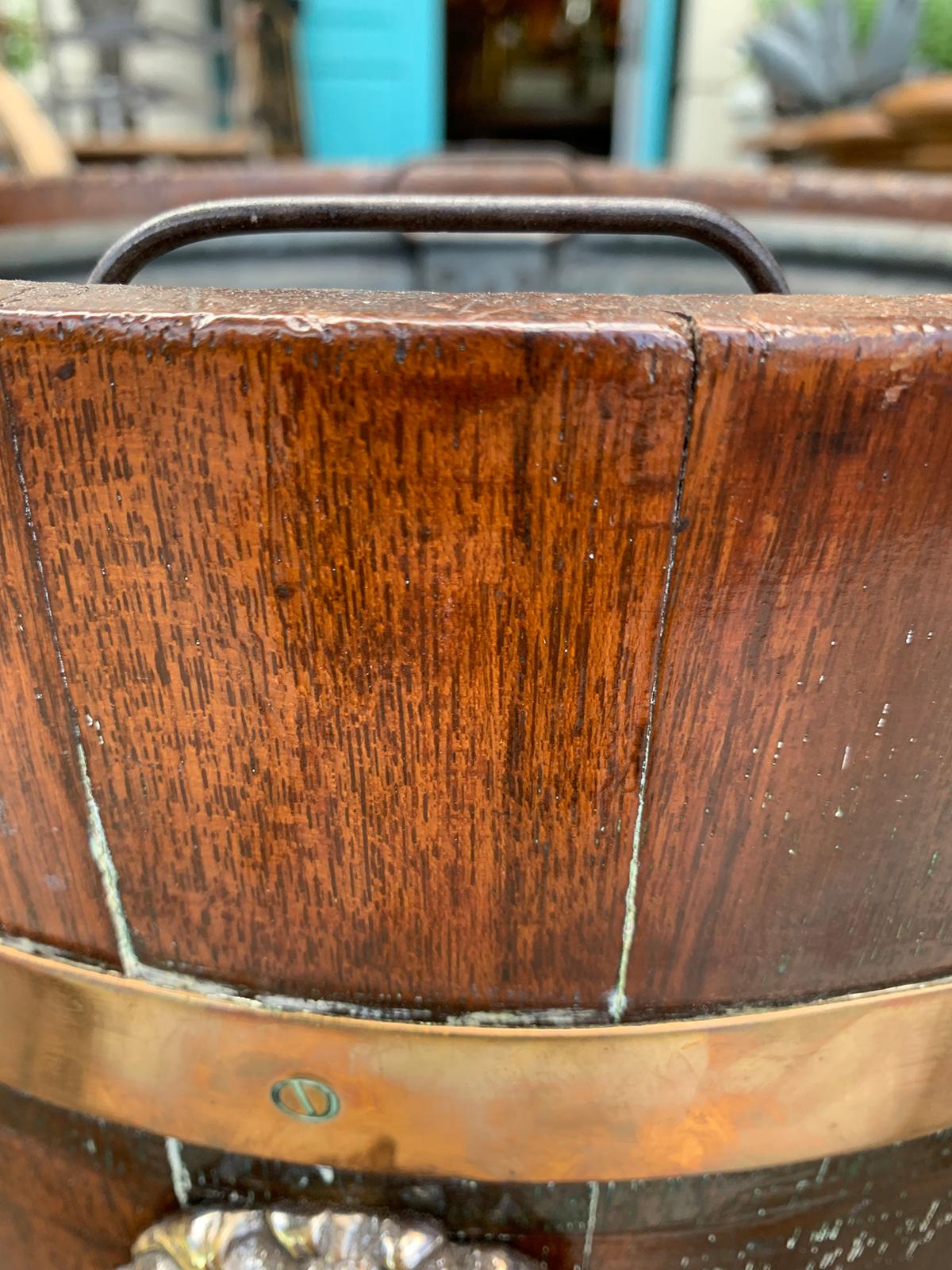 19th Century English Oak Bucket with Brass Lion Pulls, Marked R.A. Lister & Co. 2