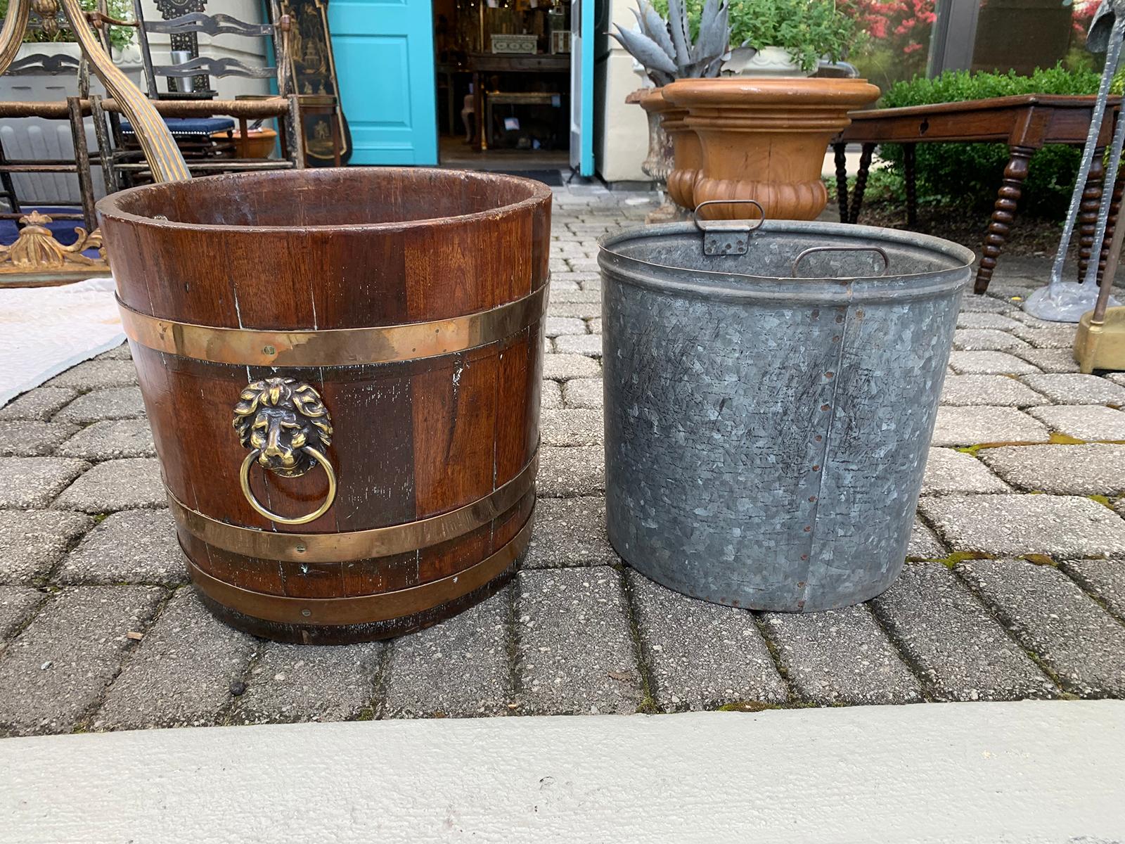 19th Century English Oak Bucket with Brass Lion Pulls, Marked R.A. Lister & Co. 5