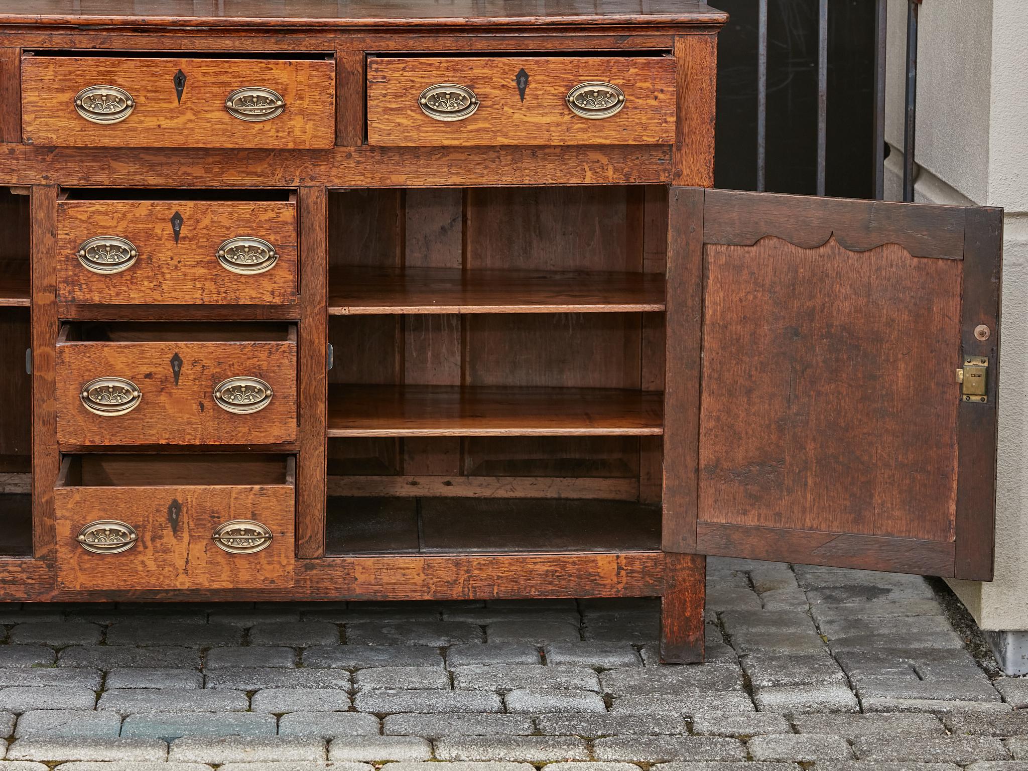 19th Century English Oak Buffet with Six Drawers, Two Doors and Brass Hardware For Sale 7
